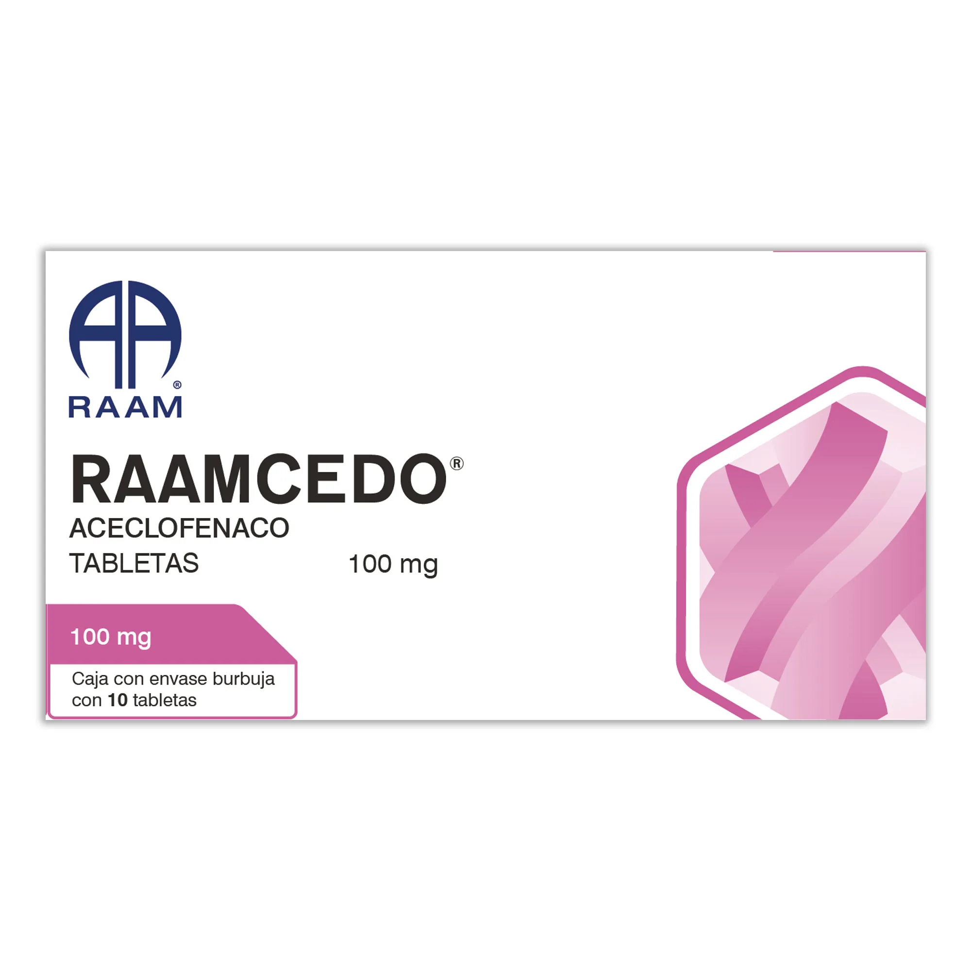 Frente de la caja de Aceclofenaco 100 mg 10 Tabletas RAAMCEDO