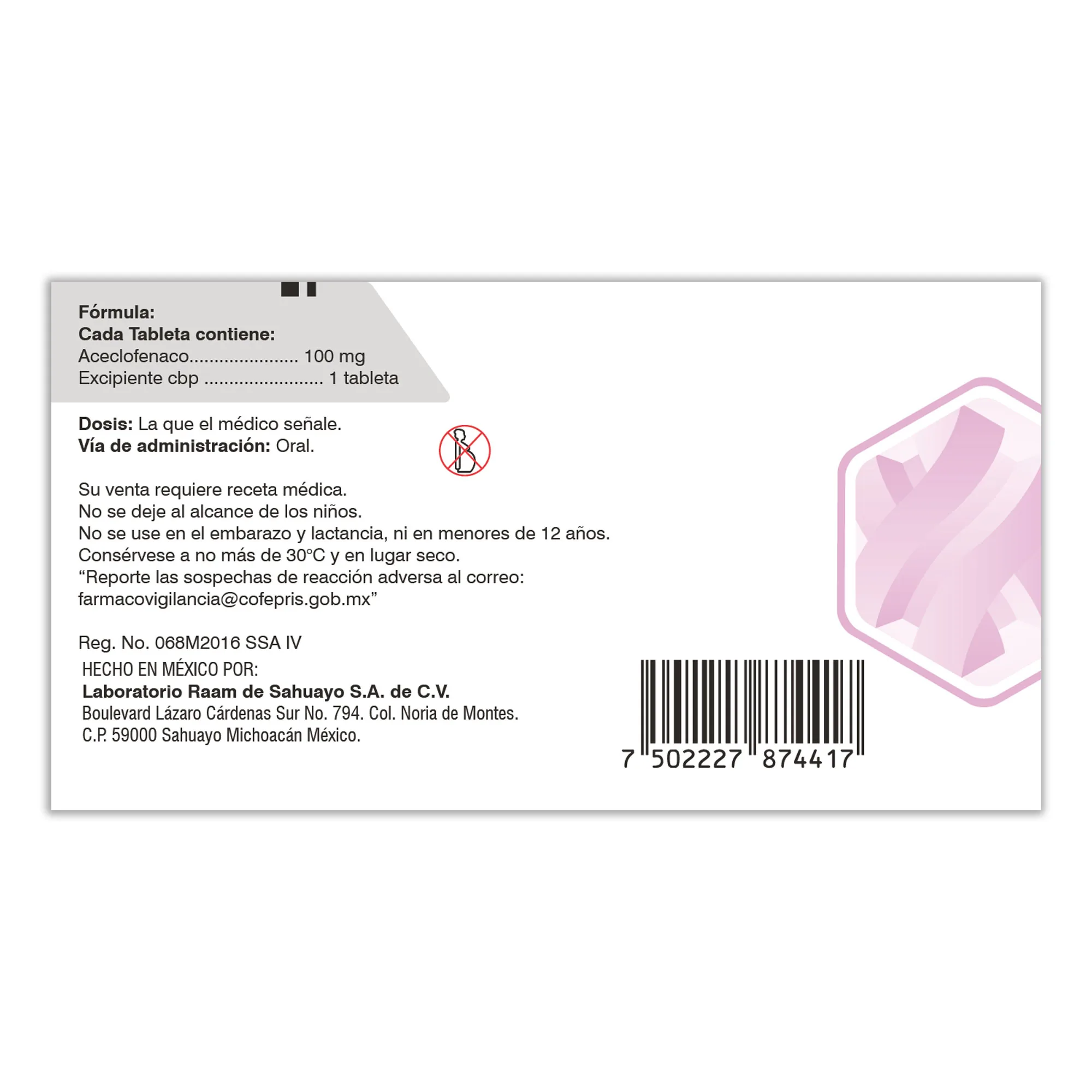Posterior de la caja de Aceclofenaco 100 mg 10 Tabletas RAAMCEDO