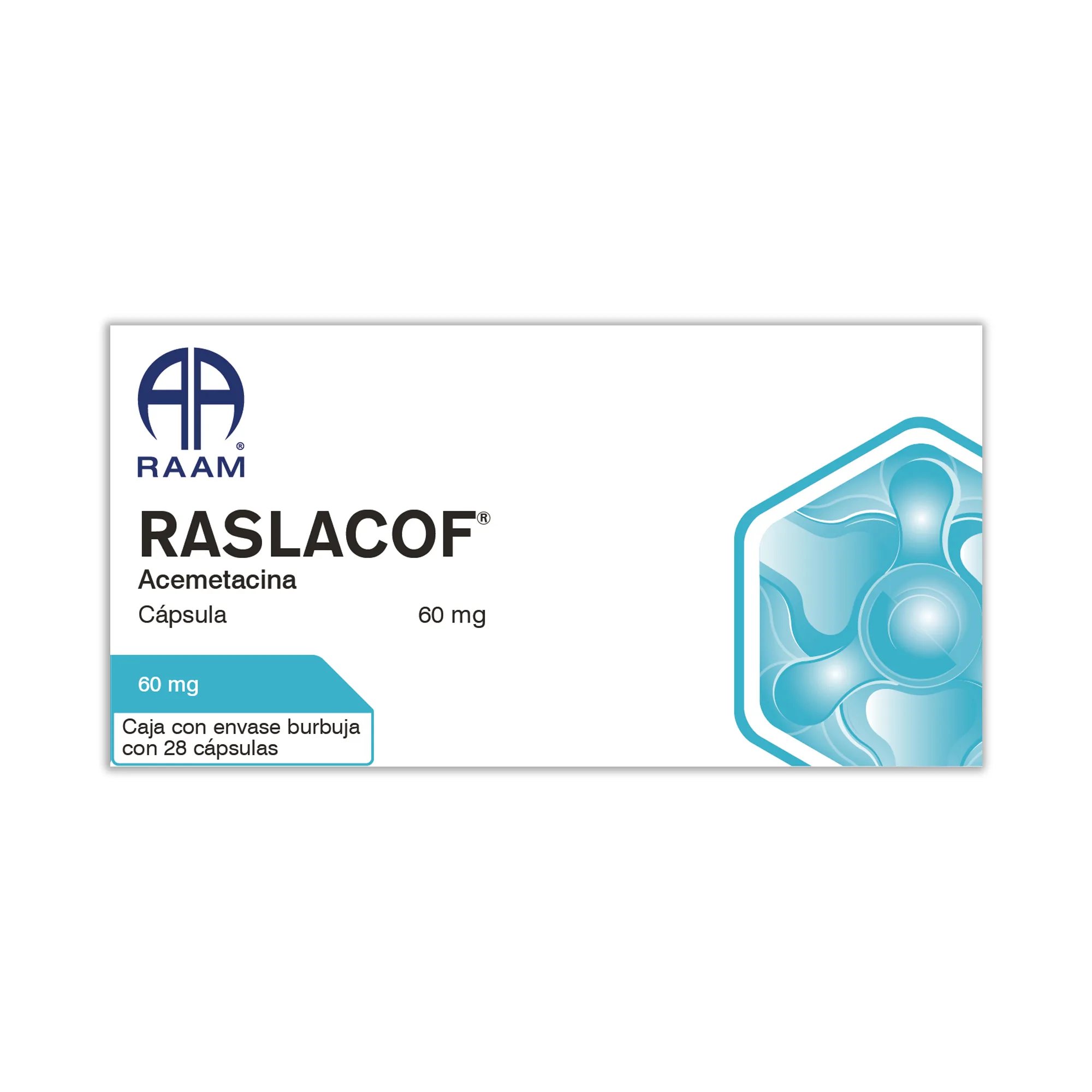 Acemetacina 60 mg 14 Cápsulas RASLACOF | Vista posterior de la caja Posterior de la caja de Acemetacina 60 mg 14 Cápsulas RASLACOF