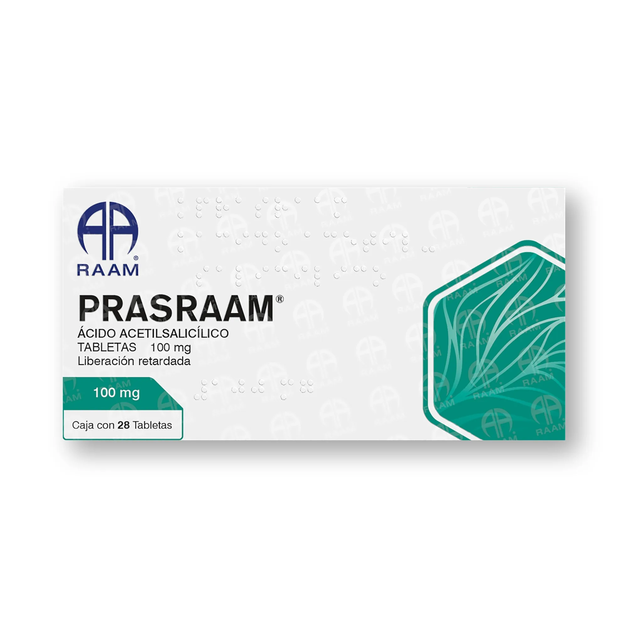 Frente de la caja de Acido Acetilsalicilico 100 mg 28 tabletas PRASRAAM