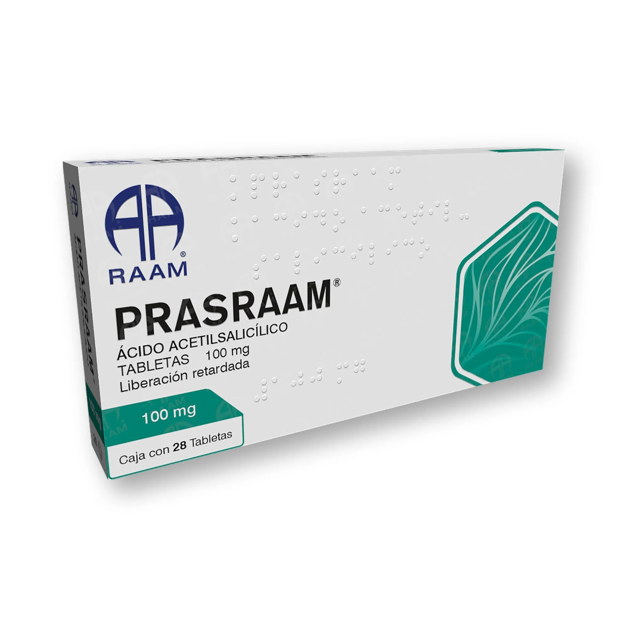 Vista general de Acido Acetilsalicilico 100 mg 28 tabletas PRASRAAM Laboratorio RAAM
