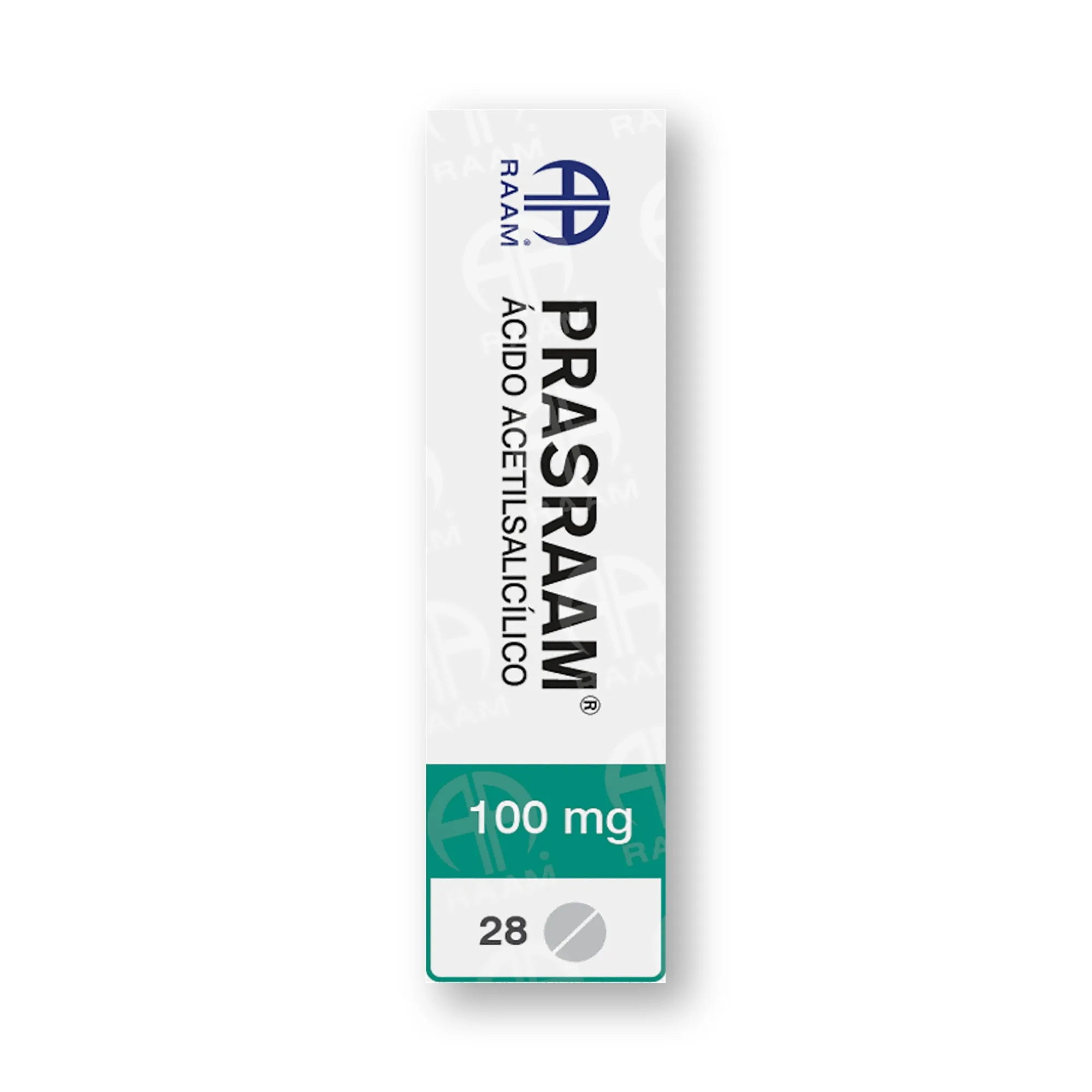 Lado lateral de la caja de Acido Acetilsalicilico 100 mg 28 tabletas PRASRAAM