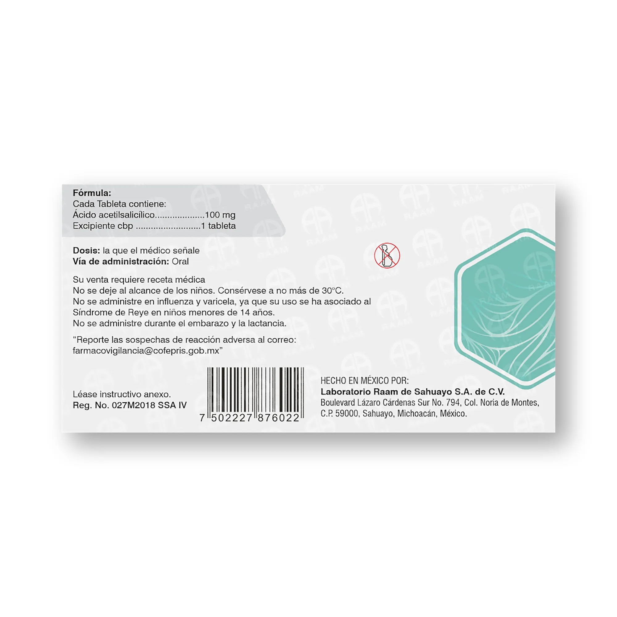 Posterior de la caja de Acido Acetilsalicilico 100 mg 28 tabletas PRASRAAM