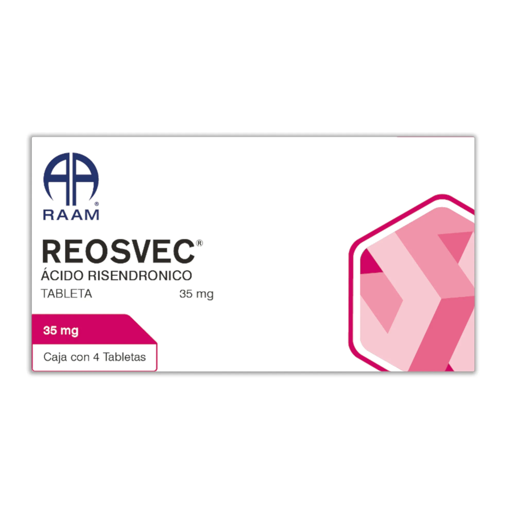 Acido Resendronico 35 mg 4 Tabletas REOSVEC | Vista frontal de la caja Frente de la caja de Acido Resendronico 35 mg 4 Tabletas REOSVEC