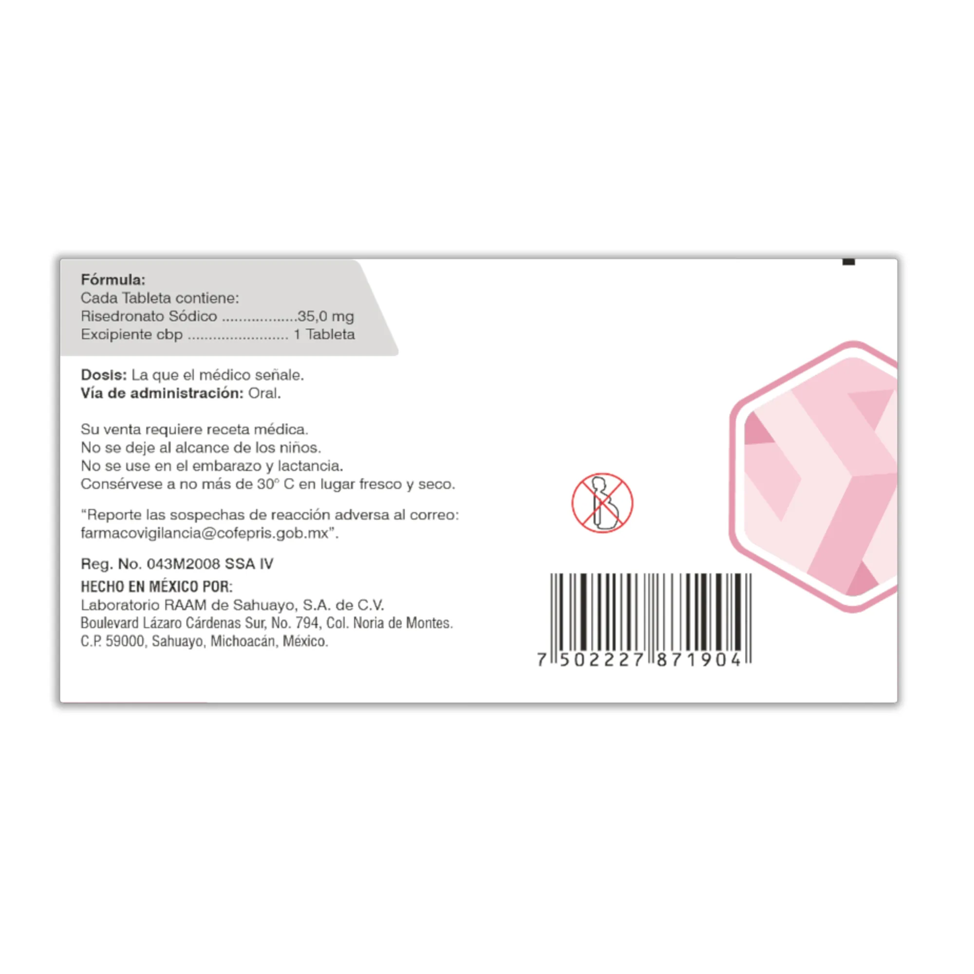 Acido Resendronico 35 mg 4 Tabletas REOSVEC | Vista posterior de la caja Posterior de la caja de Acido Resendronico 35 mg 4 Tabletas REOSVEC