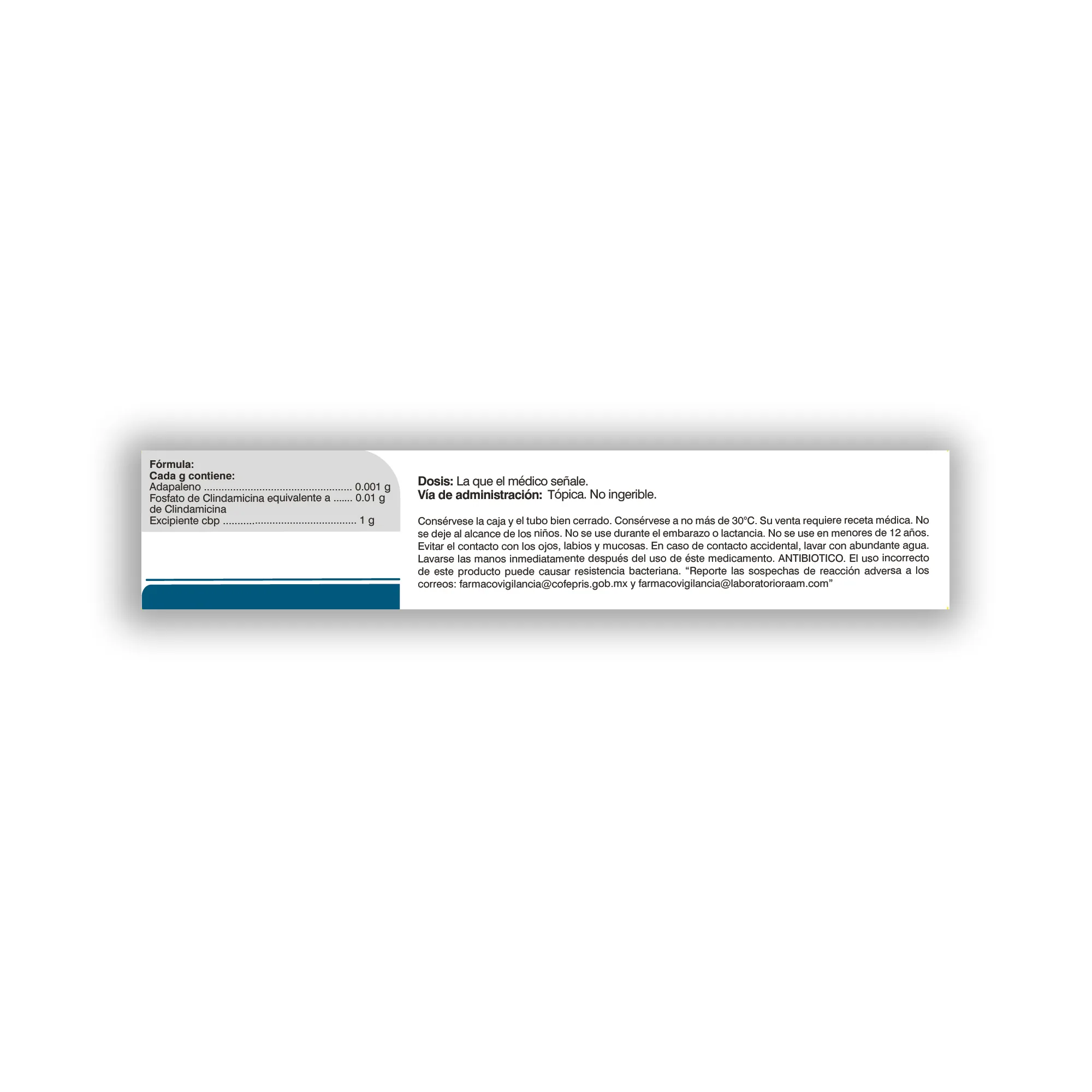 Adapaleno - Clindamicina 0.01 g 1 g 15 g MALICCIDAN | Vista posterior de la caja Posterior de la caja de Adapaleno - Clindamicina 0.01 g 1 g 15 g MALICCIDAN