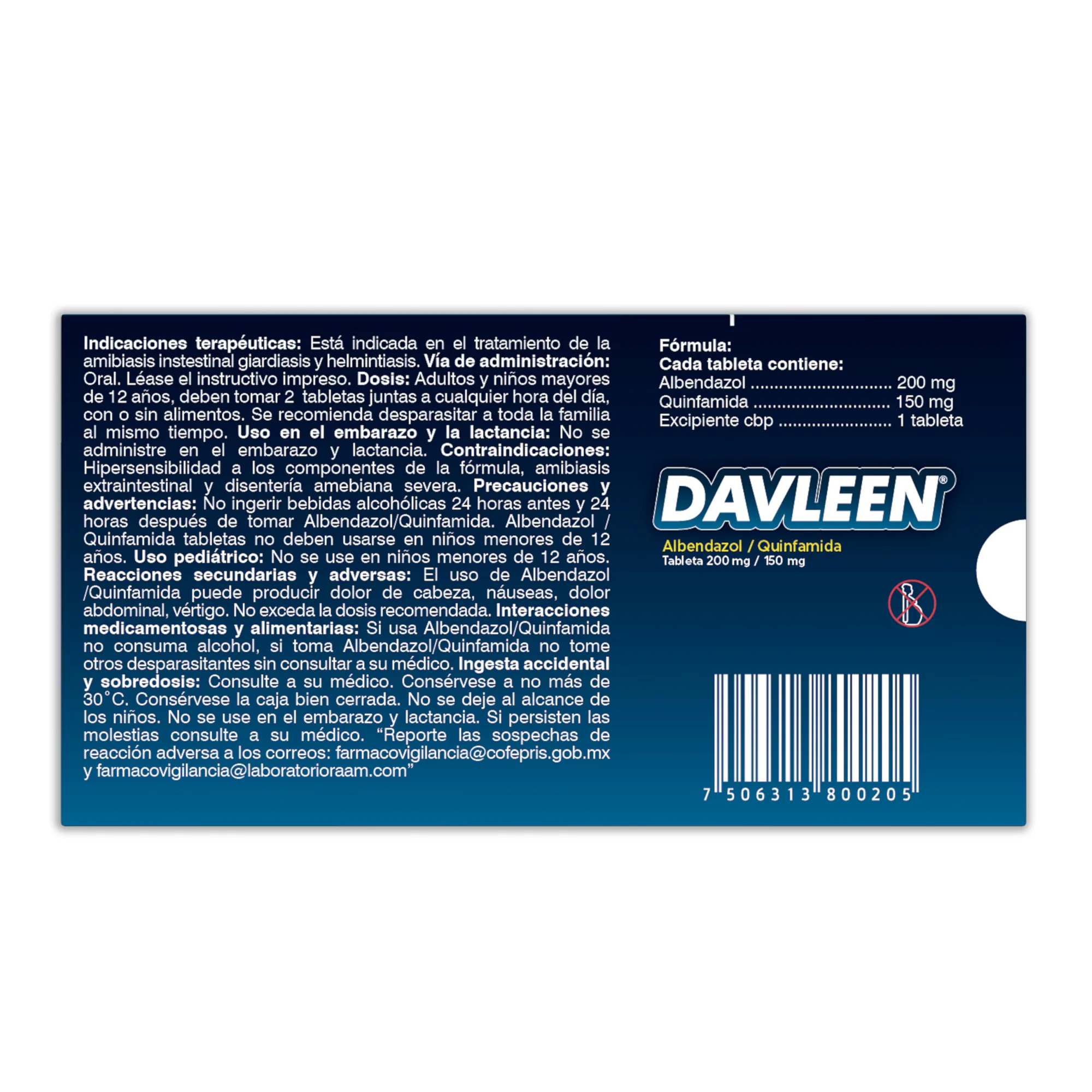 Detalle de empaque de Albendazol - Quinfamida Otros DAVLEEN