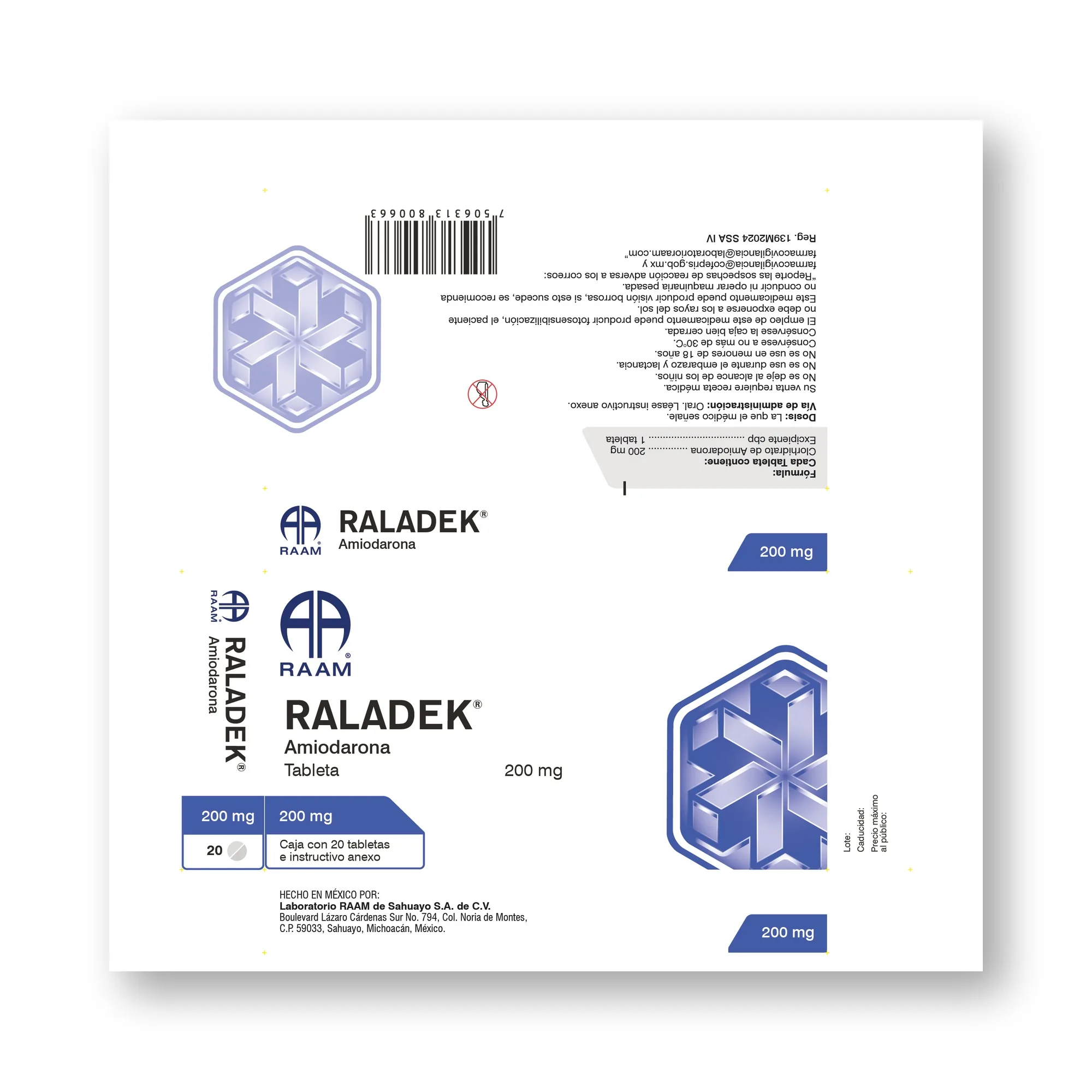 Frente de la caja de Amiodarona 200 mg 20 Tabletas RALADEK