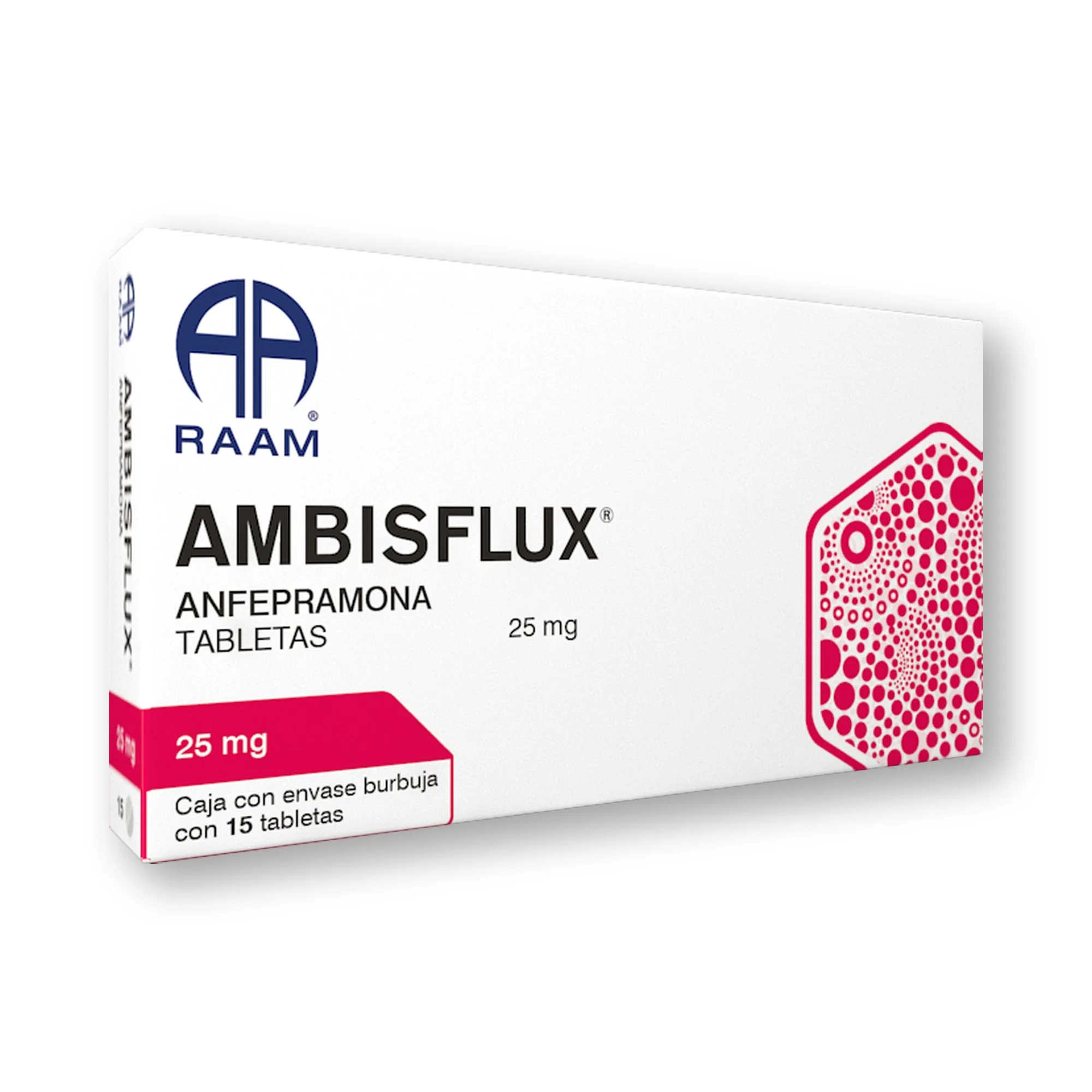 Anfepramona 25 mg 15 Tabletas AMBISFLUX | Vista frontal de la caja Frente de la caja de Anfepramona 25 mg 15 Tabletas AMBISFLUX