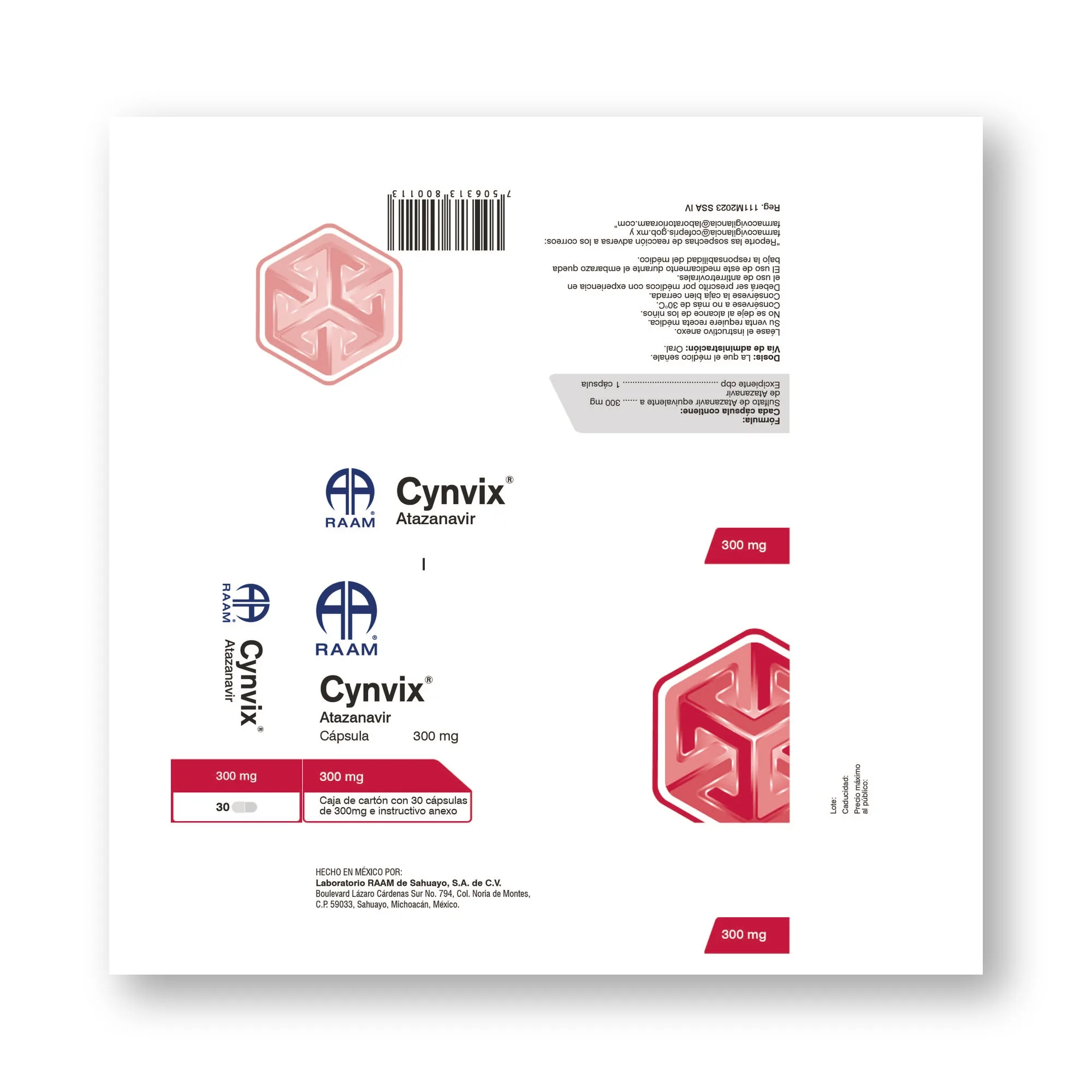 Frente de la caja de Atazanavir 300 mg 30 Cápsulas CYNVIX