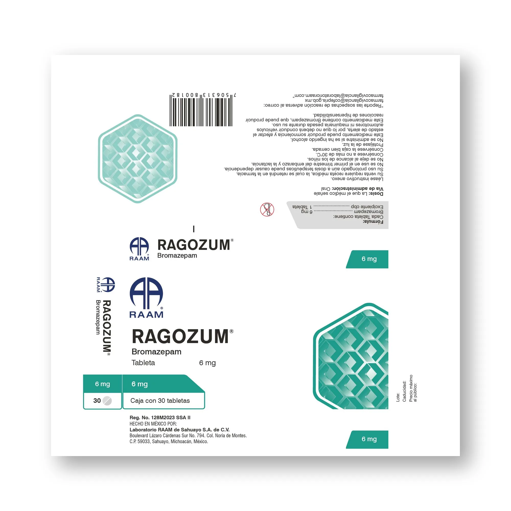 Frente de la caja de Bromazepam 6 mg 30 Tabletas RAGOZUM