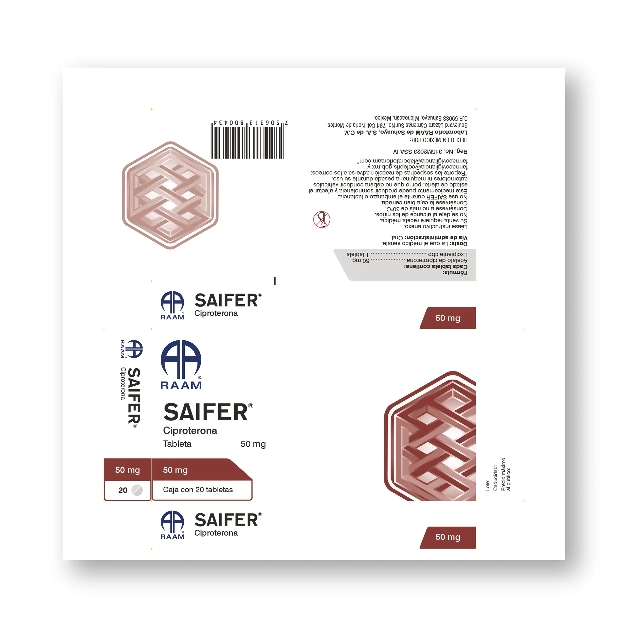 Lado lateral de la caja de Ciproterona 50 mg 20 Tabletas SAIFER