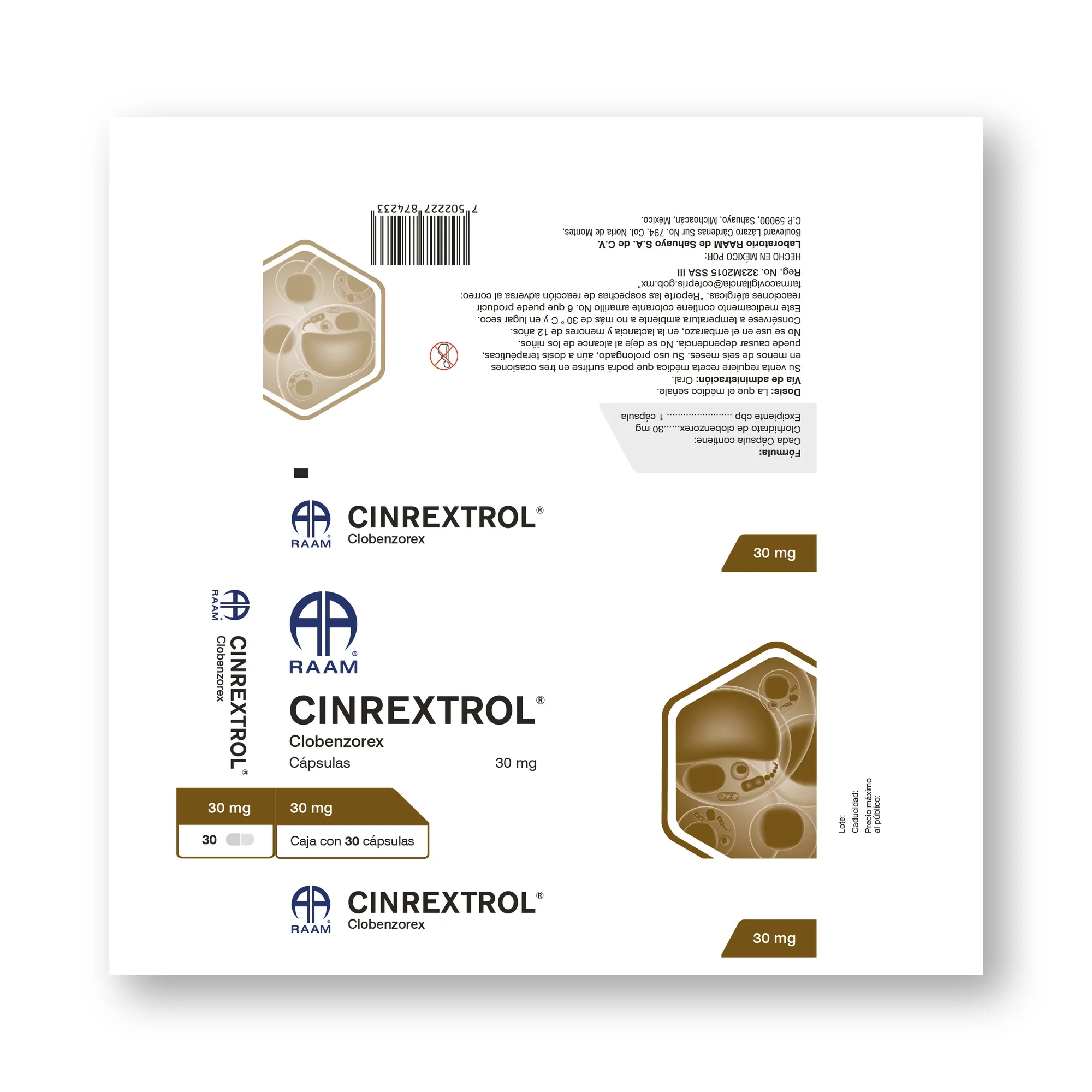 Clobenzorex 30 mg 30 Cápsulas CINREXTROL | Vista frontal de la caja Frente de la caja de Clobenzorex 30 mg 30 Cápsulas CINREXTROL