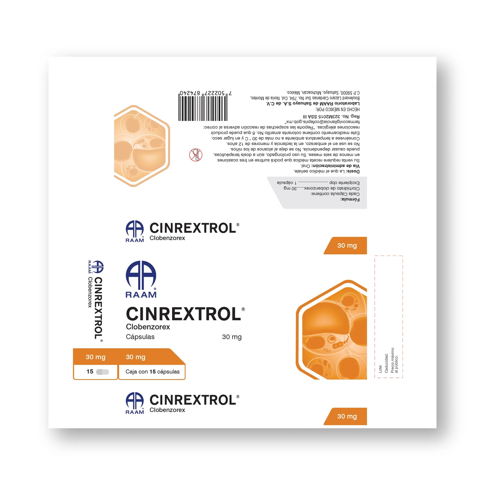 Clobenzorex 30 mg 30 Cápsulas CINREXTROL | Vista lateral de la caja Lado lateral de la caja de Clobenzorex 30 mg 30 Cápsulas CINREXTROL