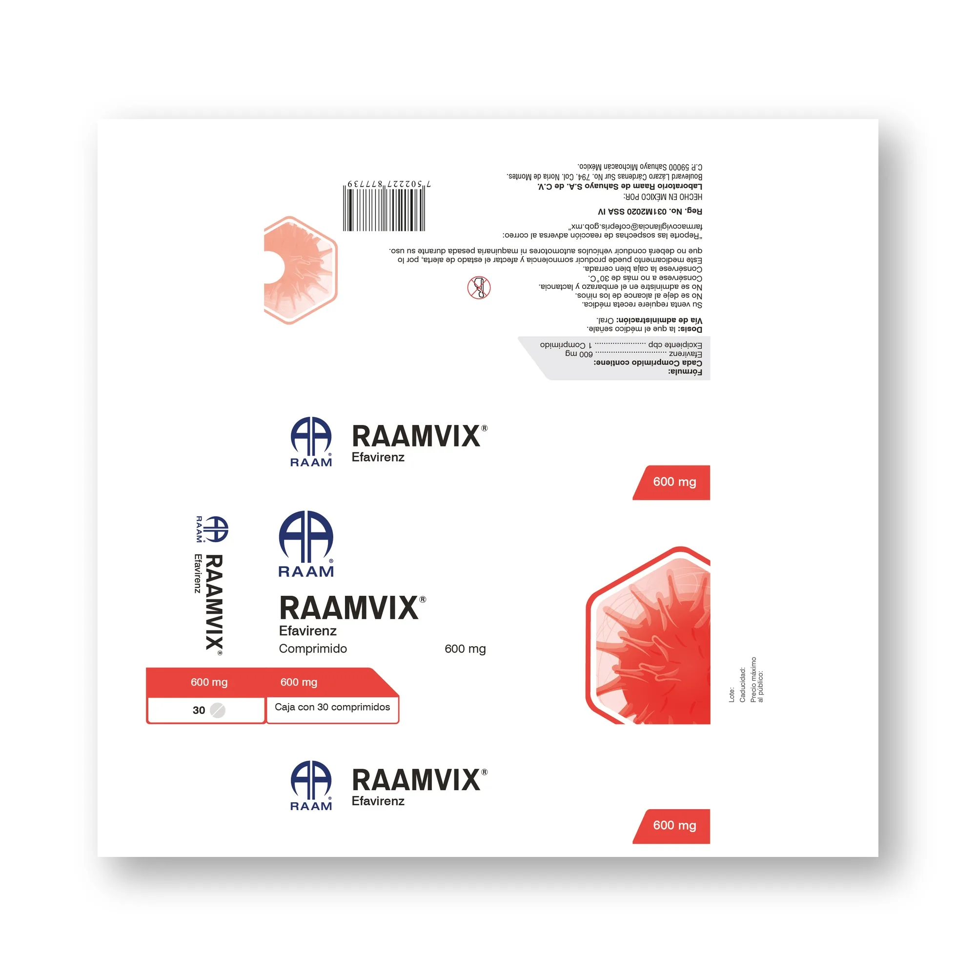 Efavirenz 600 mg 30 Comprimidos RAAMVIX | Vista lateral de la caja Lado lateral de la caja de Efavirenz 600 mg 30 Comprimidos RAAMVIX
