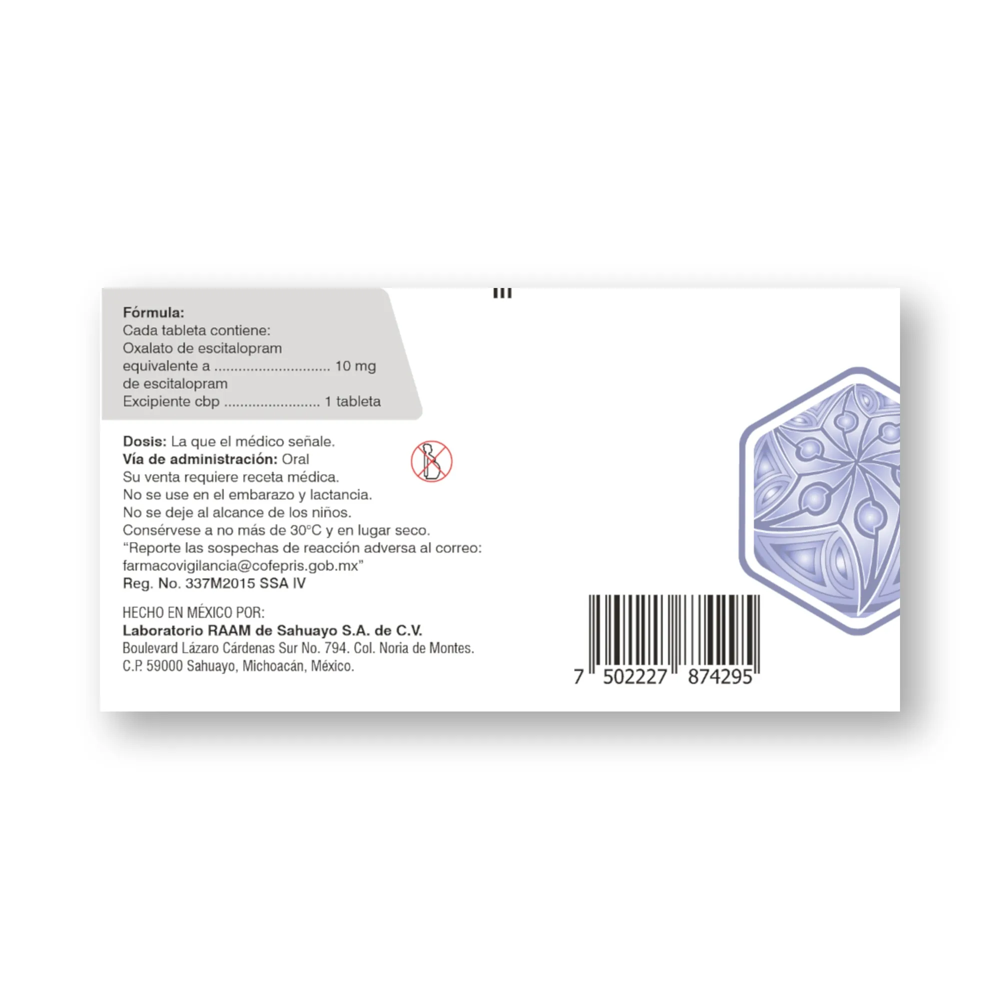 Escitalopram 10 mg 28 Tabletas NANDRESTO | Detalle de empaque Detalle de empaque de Escitalopram 10 mg 28 Tabletas NANDRESTO
