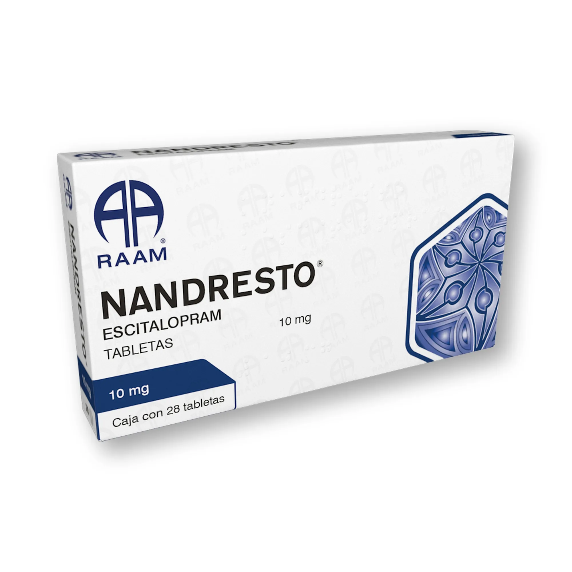 Escitalopram 10 mg 28 Tabletas NANDRESTO | Vista frontal de la caja Frente de la caja de Escitalopram 10 mg 28 Tabletas NANDRESTO