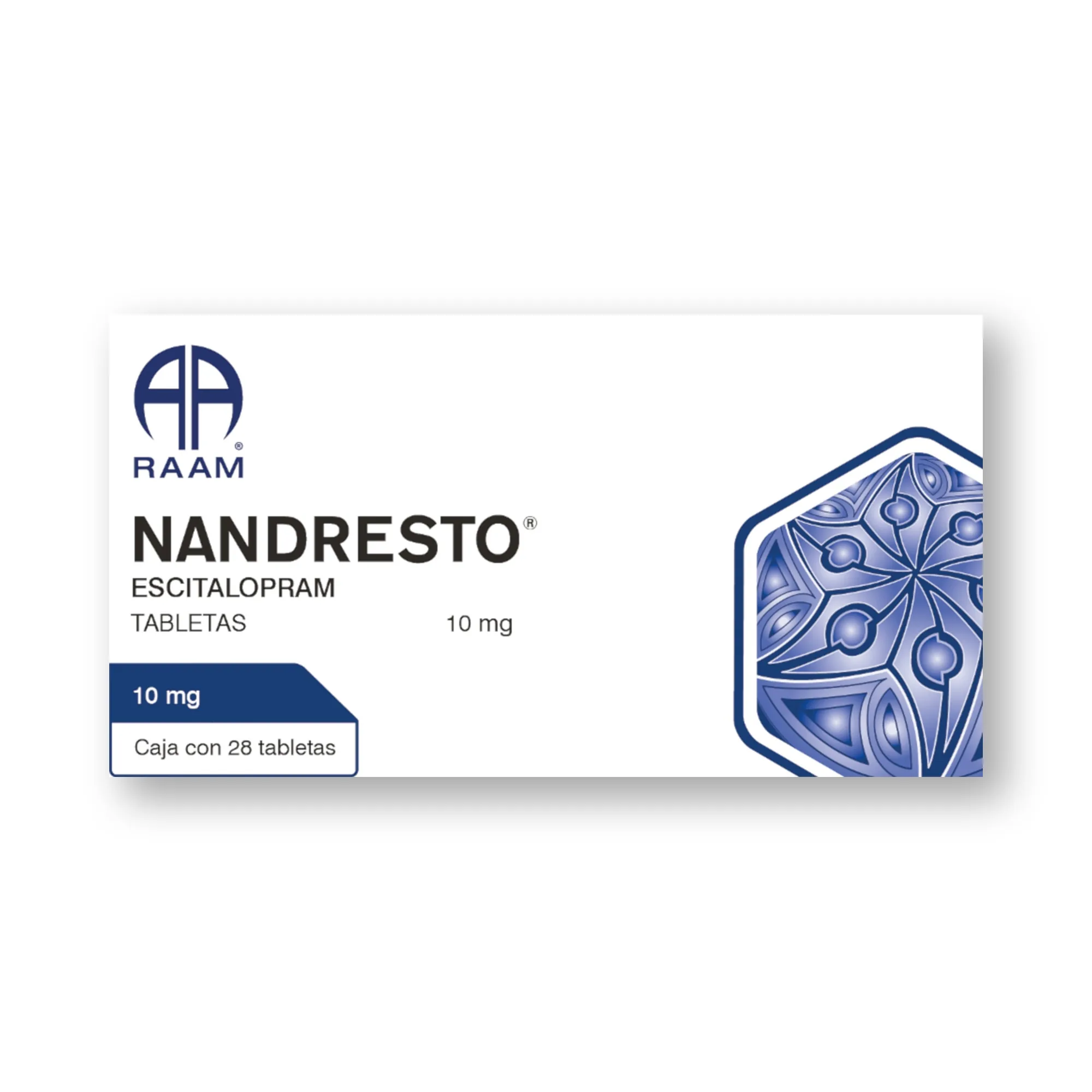 Escitalopram 10 mg 28 Tabletas NANDRESTO | Vista general del producto Vista general de Escitalopram 10 mg 28 Tabletas NANDRESTO Laboratorio RAAM