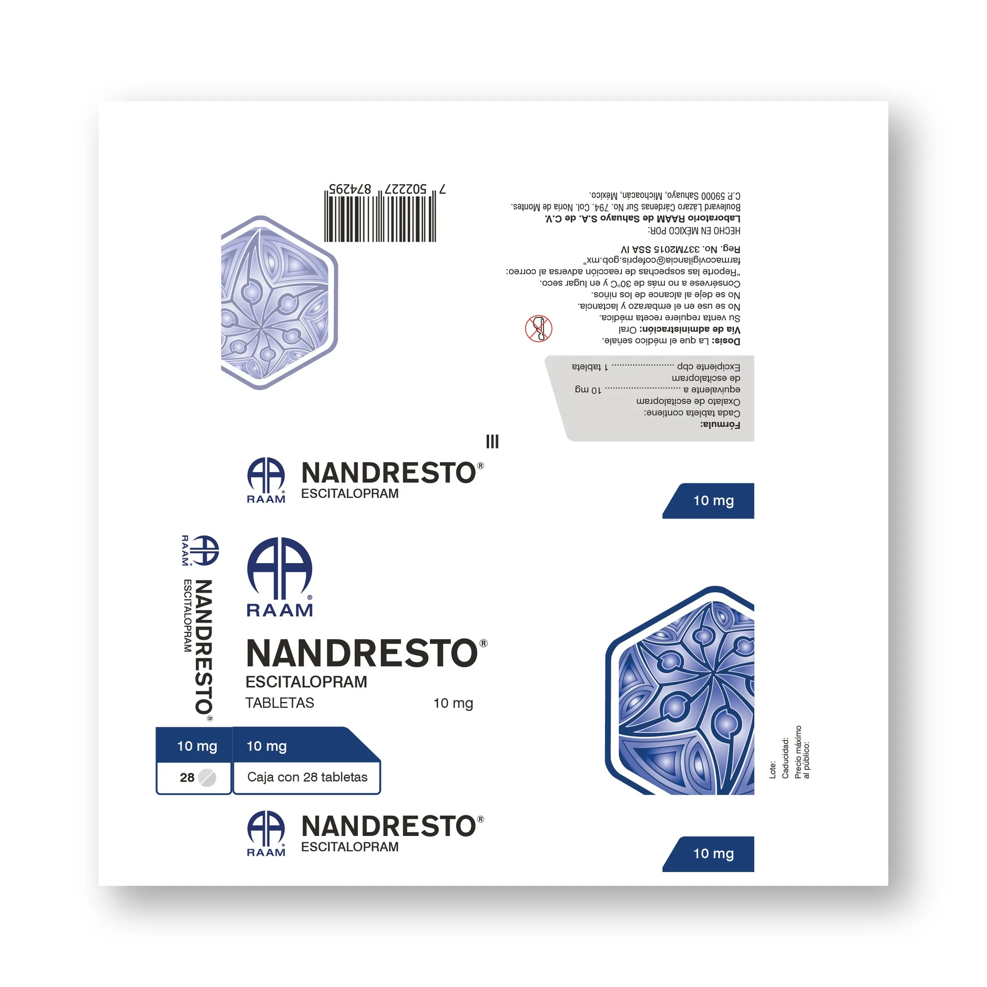 Escitalopram 10 mg 28 Tabletas NANDRESTO | Vista lateral de la caja Lado lateral de la caja de Escitalopram 10 mg 28 Tabletas NANDRESTO