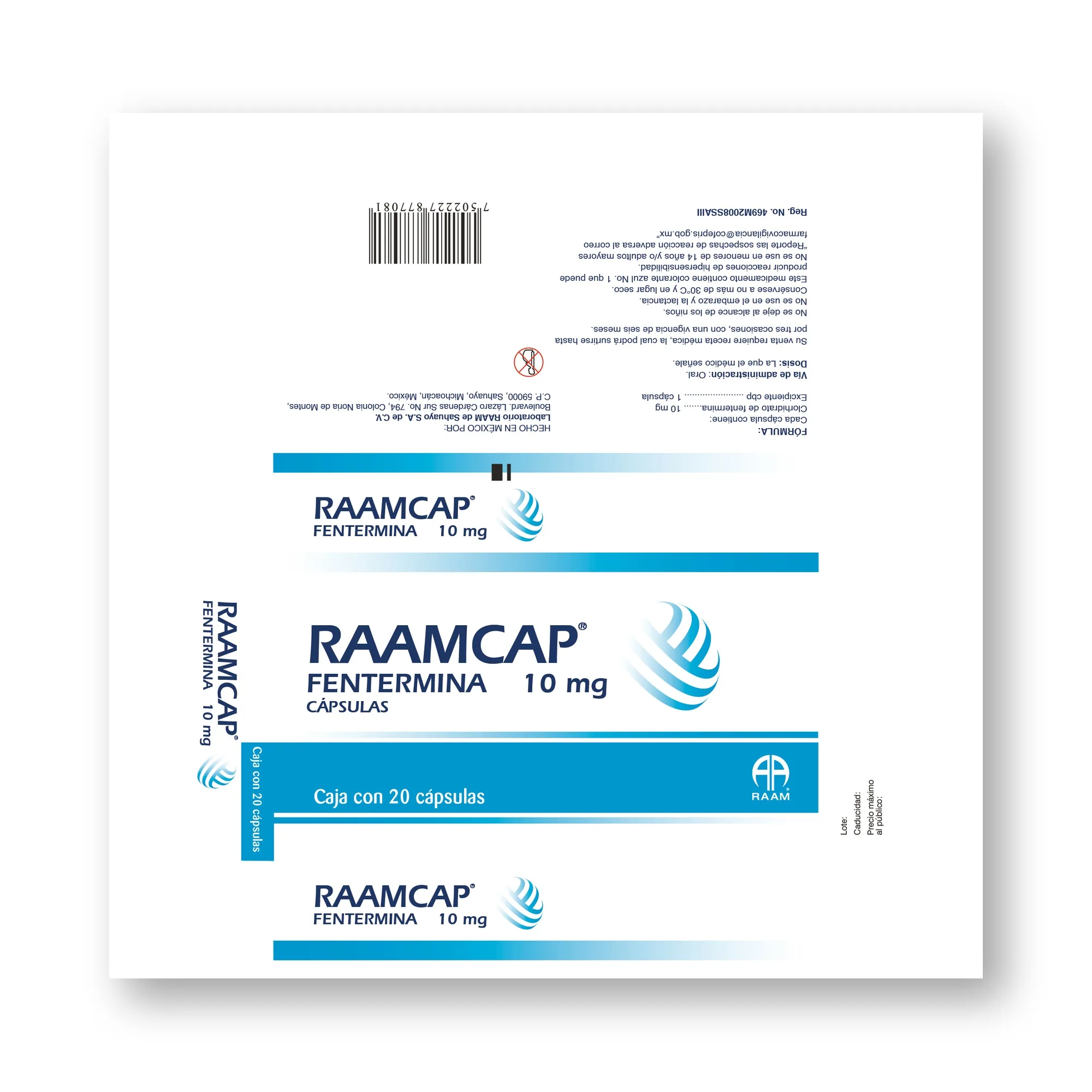 Fentermina 15 Mg Capsula RAAMCAP | Vista posterior de la caja Posterior de la caja de Fentermina 15 Mg Capsula RAAMCAP