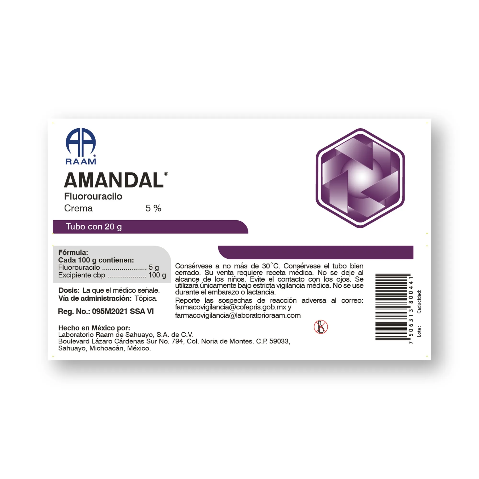 Fluorouracilo 5 % 20 g AMANDAL | Vista posterior de la caja Posterior de la caja de Fluorouracilo 5 % 20 g AMANDAL