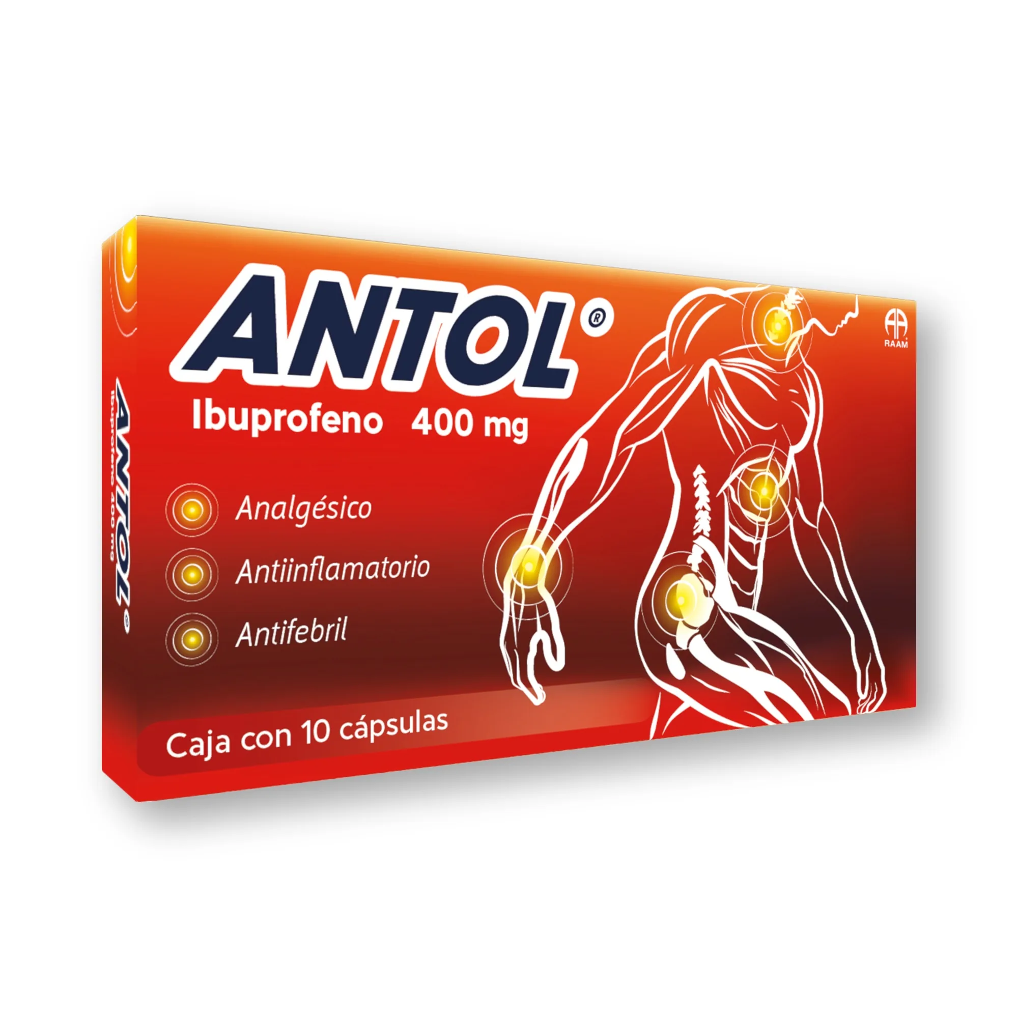 Ibuprofeno 400 mg 10 Cápsulas ANTOL | Vista frontal de la caja Frente de la caja de Ibuprofeno 400 mg 10 Cápsulas ANTOL