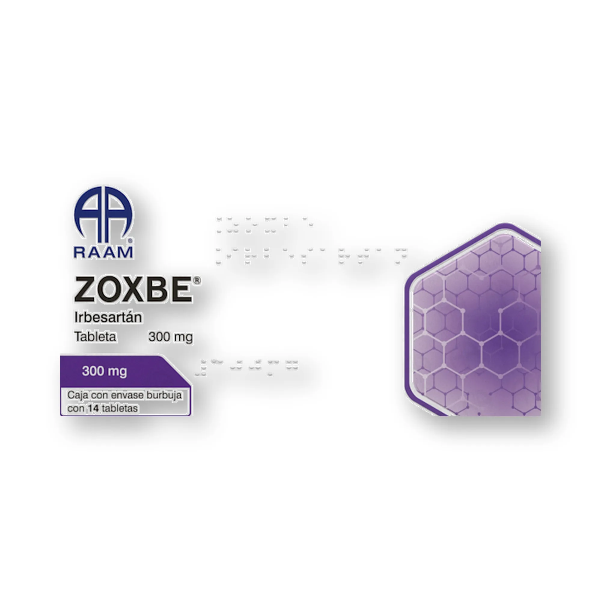 Frente de la caja de Irbesartan 300 mg 14 Tabletas ZOXBE