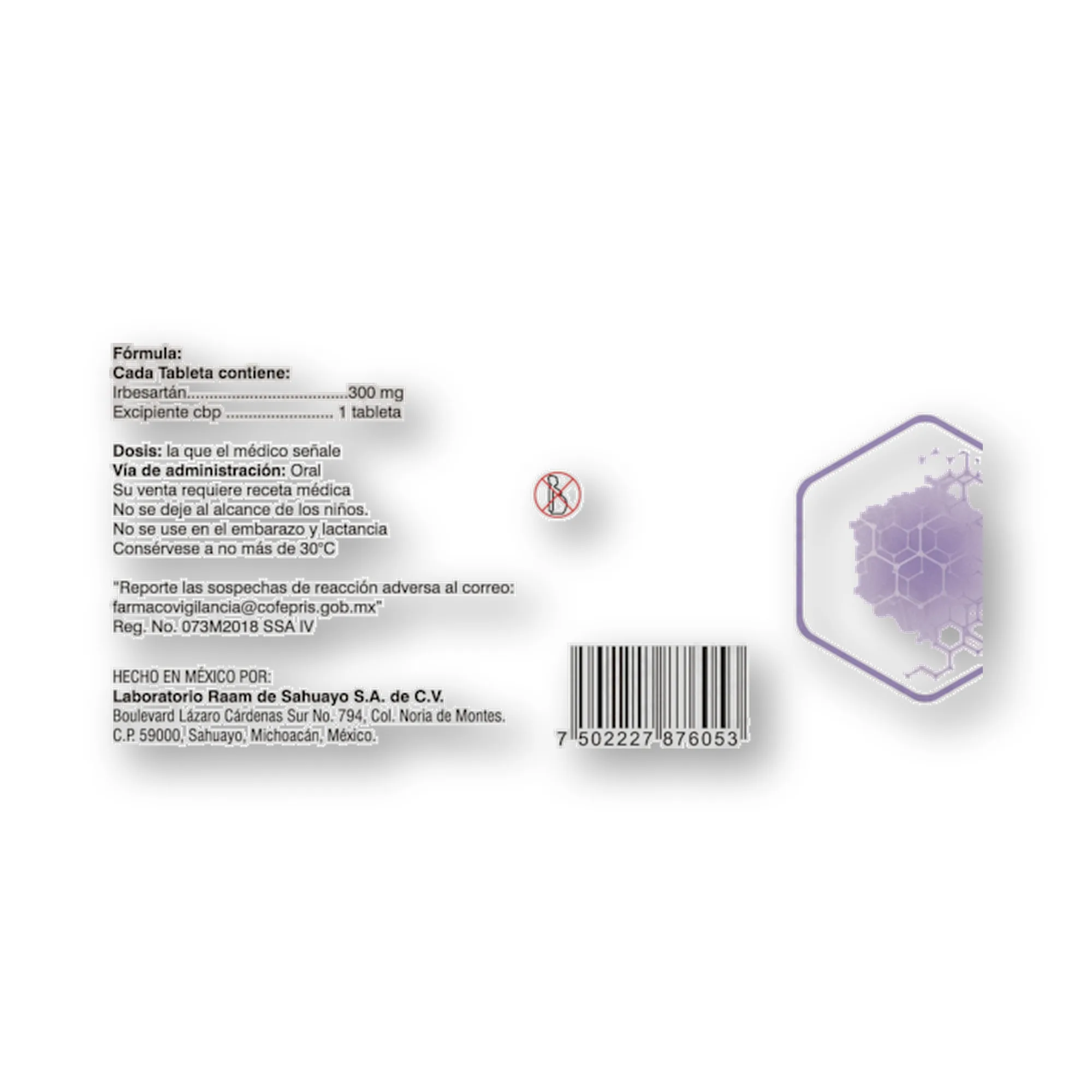 Lado lateral de la caja de Irbesartan 300 mg 14 Tabletas ZOXBE