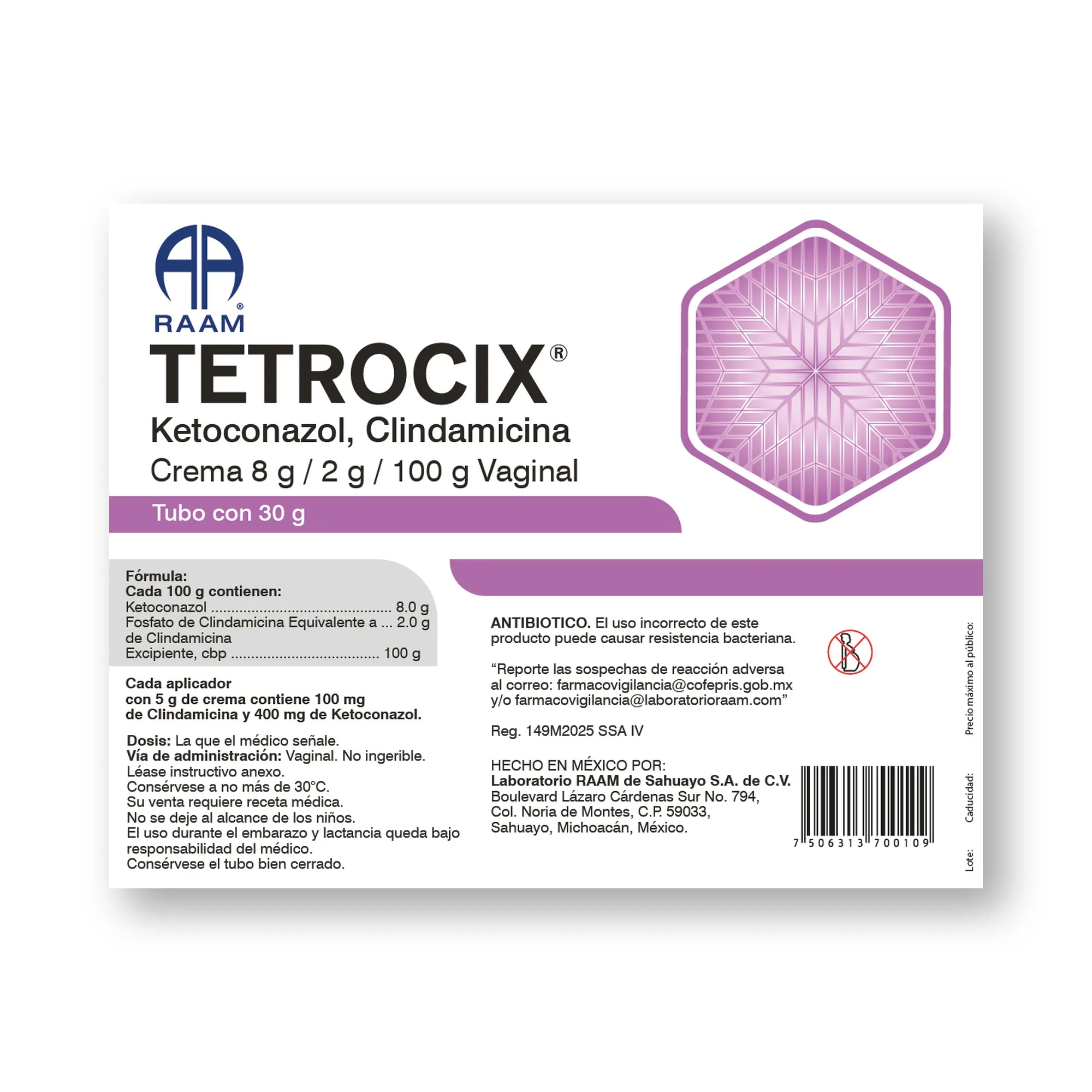 Lado lateral de la caja de Ketoconazol - Clindamicina 8 g 2 g 100 g 30 g TETROCIX