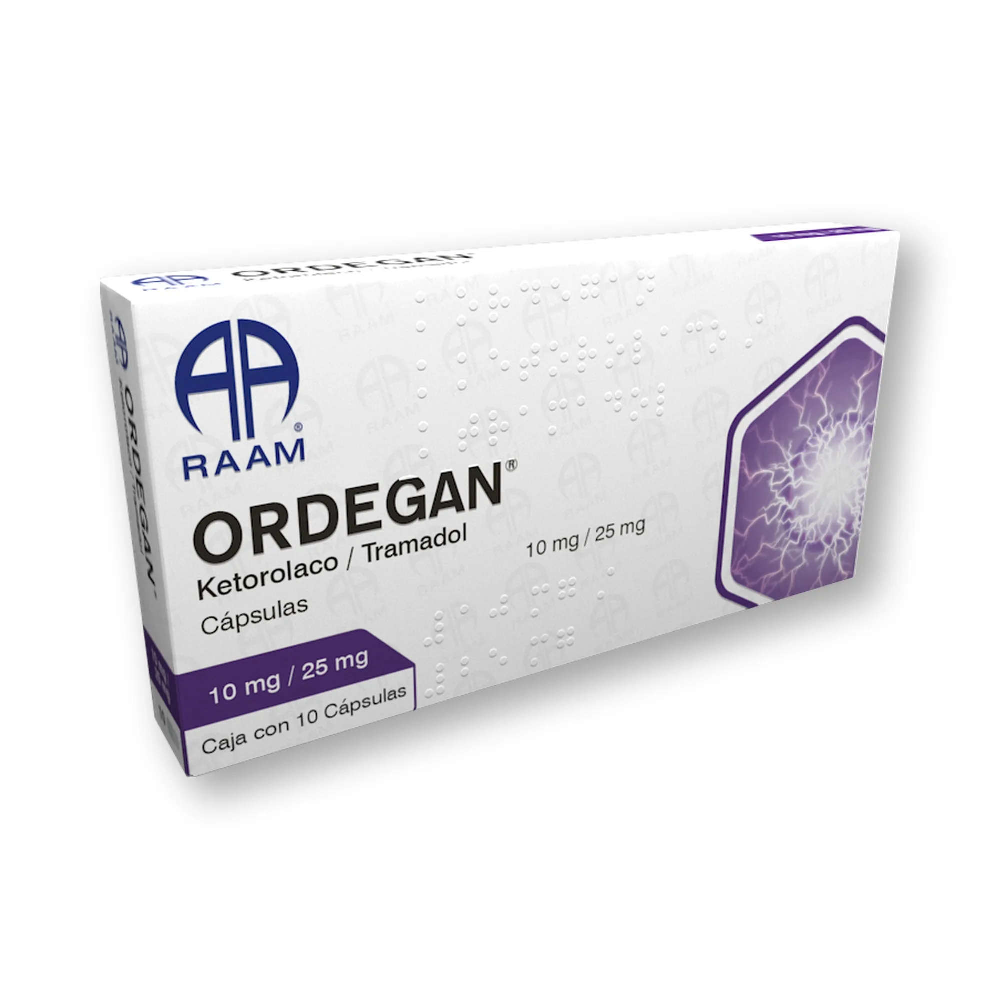 Frente de la caja de Ketorolaco / Tramadol 10 mg / 25 mg 10 Cápsulas ORDEGAN®