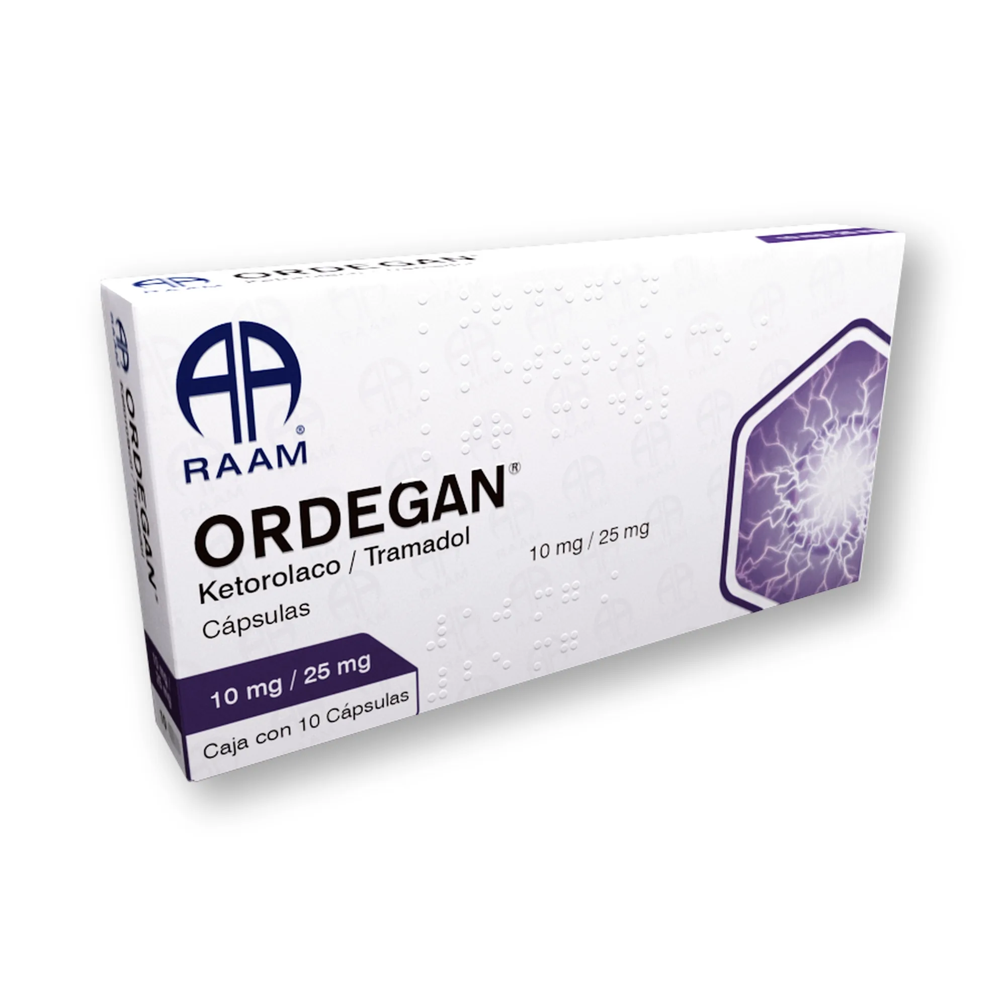 Lado lateral de la caja de Ketorolaco / Tramadol 10 mg / 25 mg 10 Cápsulas ORDEGAN®