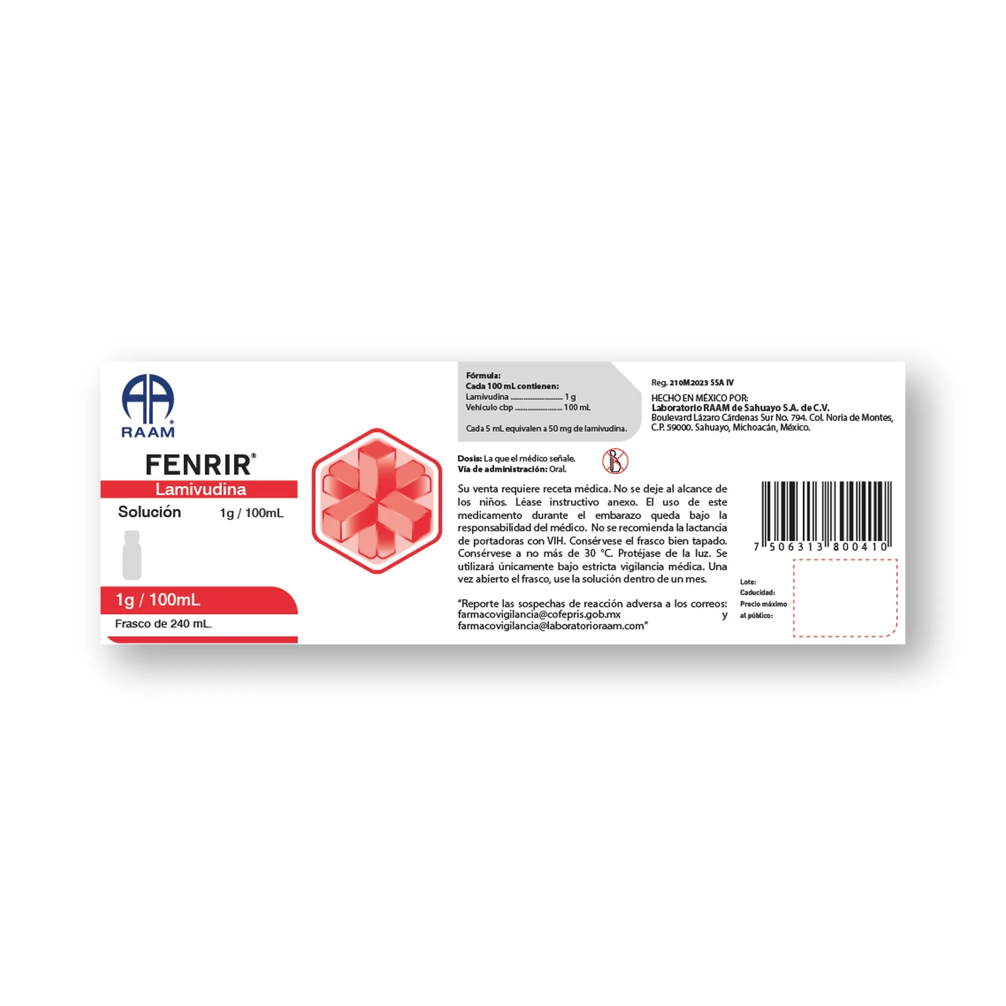 Lamivudina 1g 100 mL 240 mL FENRIR | Detalle de empaque Detalle de empaque de Lamivudina 1g 100 mL 240 mL FENRIR