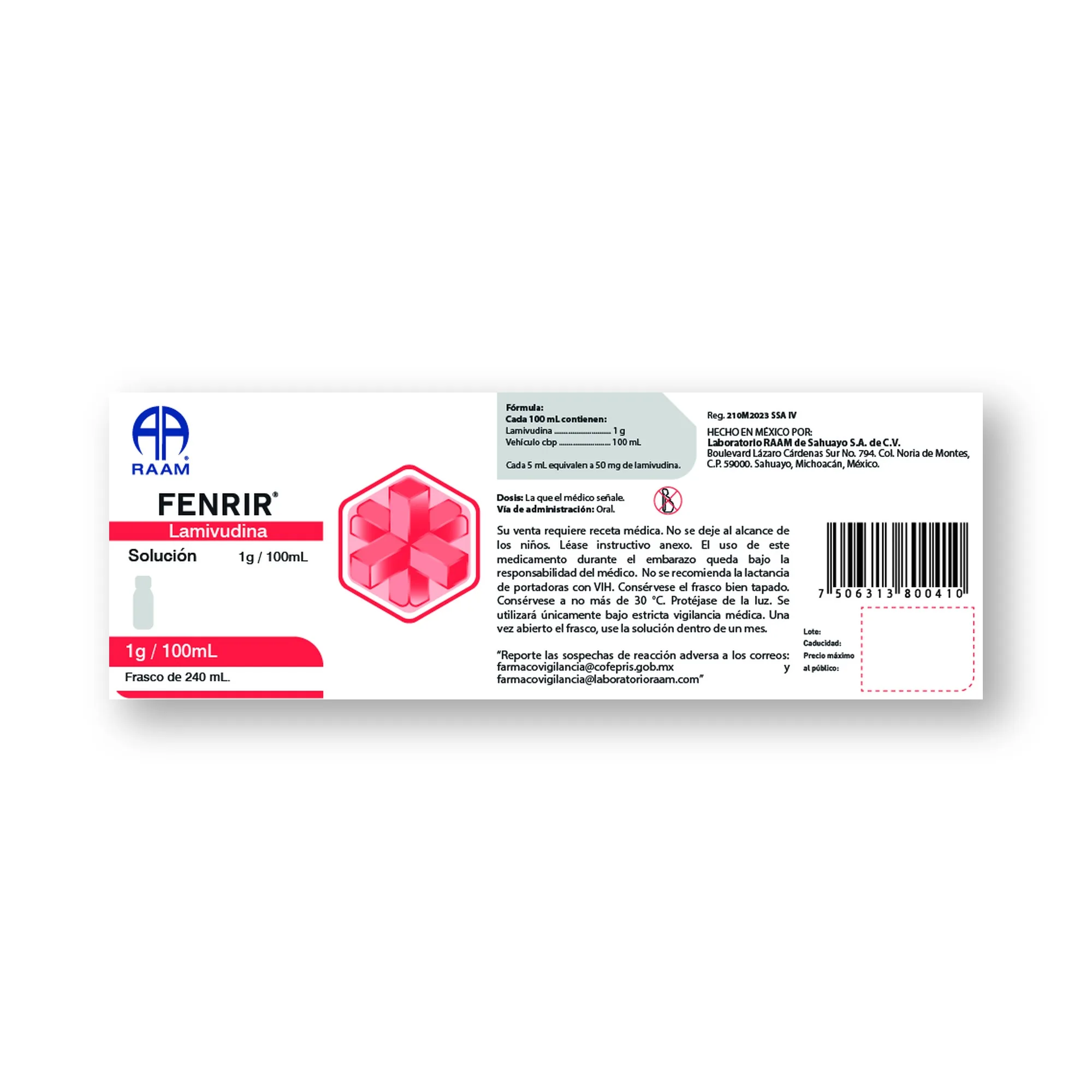 Lamivudina 1g 100 mL 240 mL FENRIR | Vista posterior de la caja Posterior de la caja de Lamivudina 1g 100 mL 240 mL FENRIR