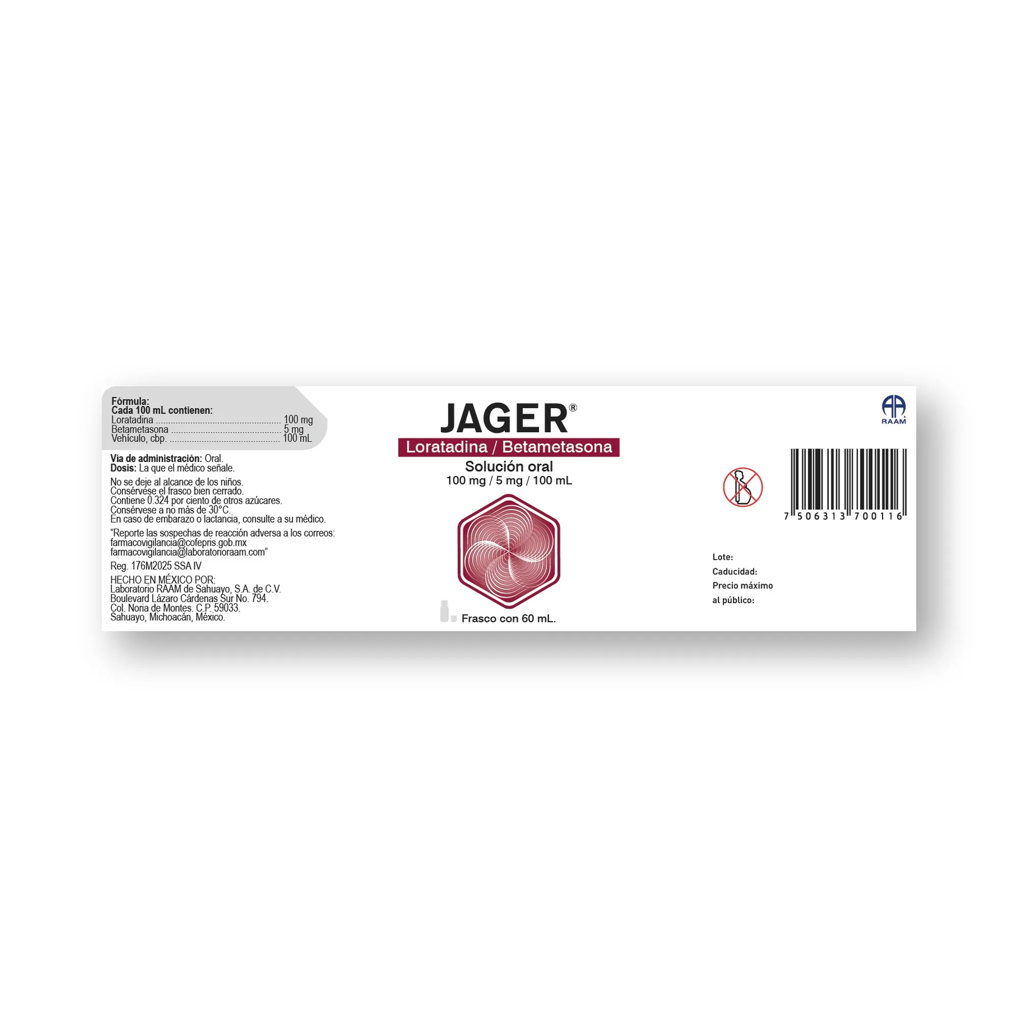 Lado lateral de la caja de Loratadina - Betametasona Loratadina-Betametasona 100 Mg 5 Mg 100 Ml JAGER