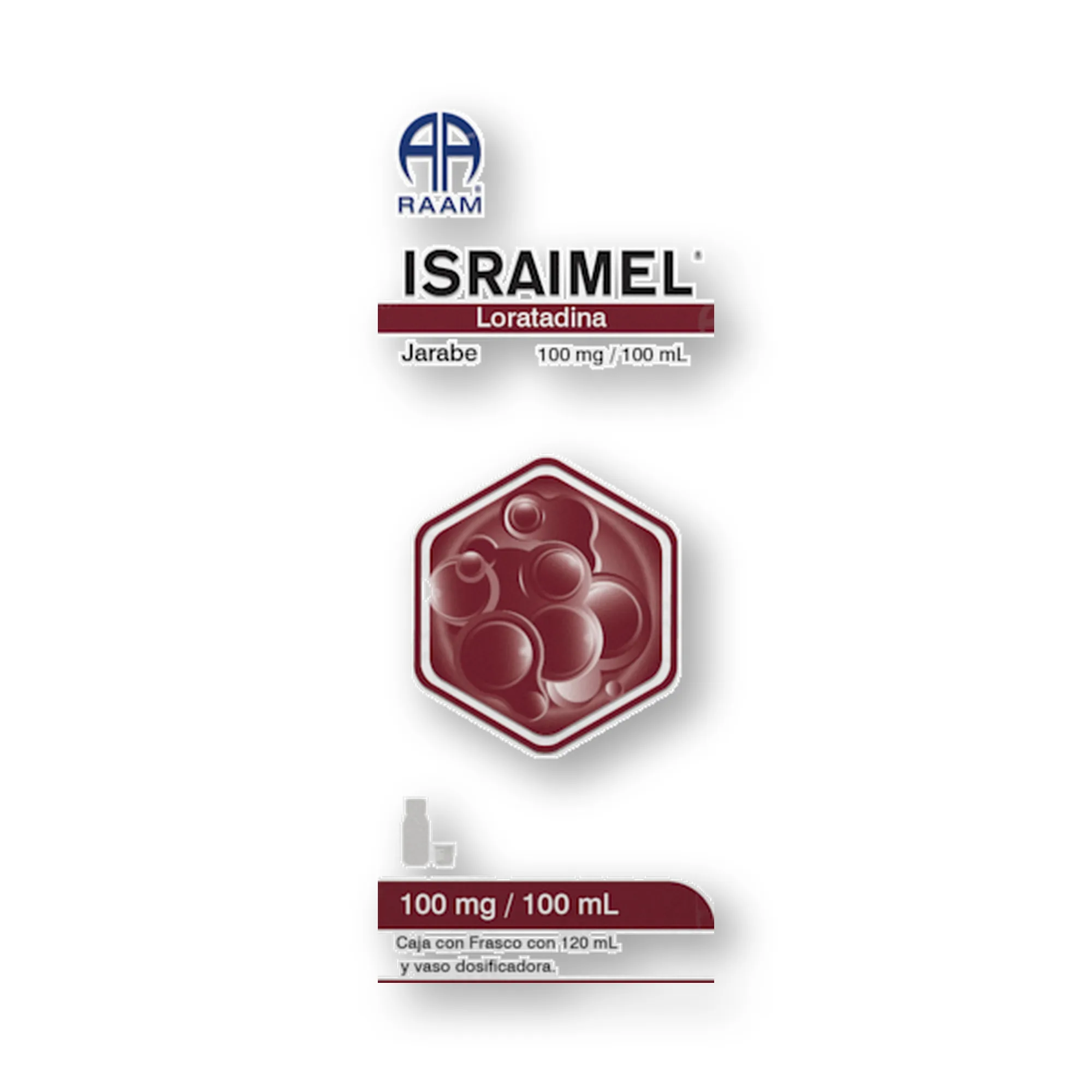 Loratadina 100 mg 100 ml 120 ml ISRAIMEL | Vista frontal de la caja Frente de la caja de Loratadina 100 mg 100 ml 120 ml ISRAIMEL