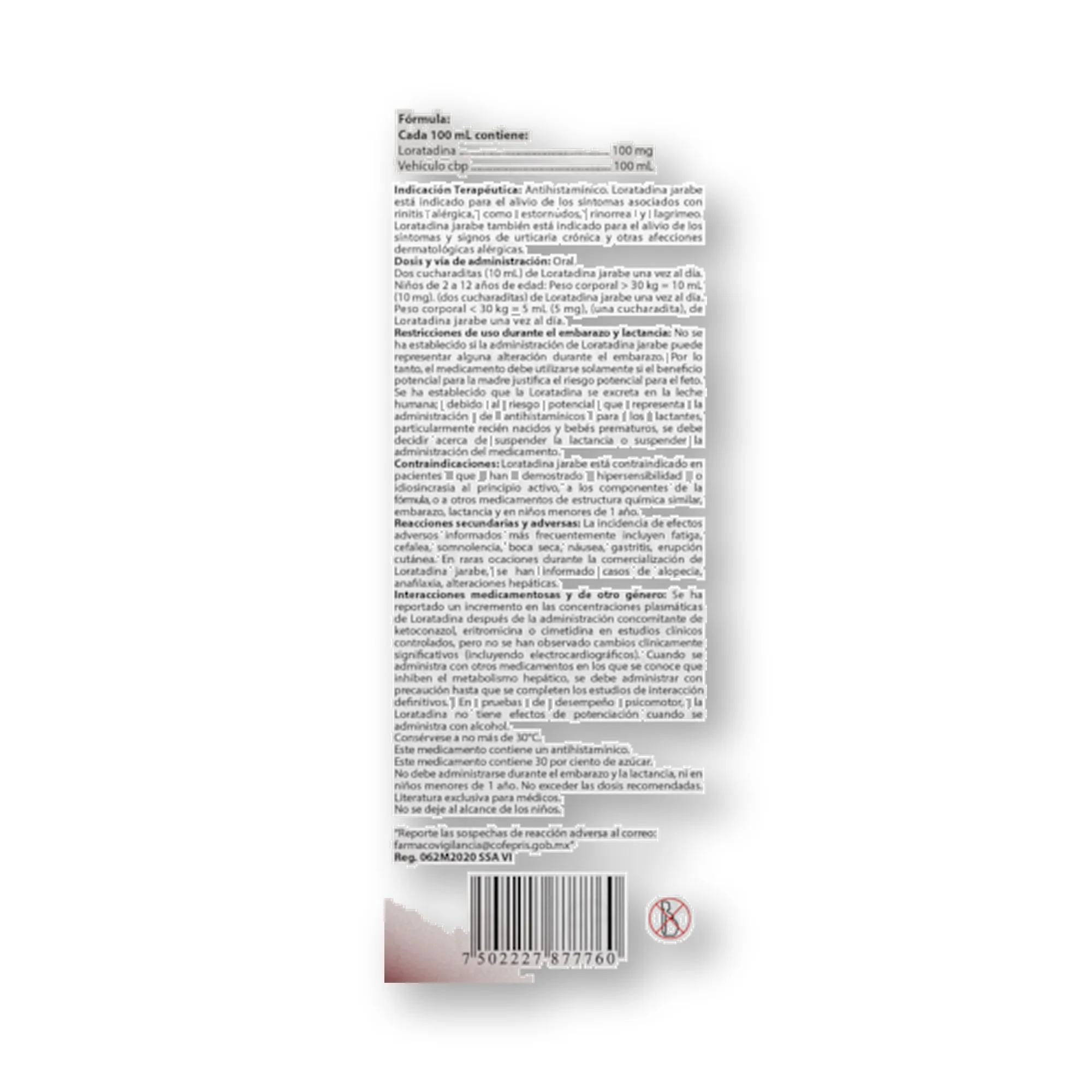 Loratadina 100 mg 100 ml 120 ml ISRAIMEL | Vista posterior de la caja Posterior de la caja de Loratadina 100 mg 100 ml 120 ml ISRAIMEL