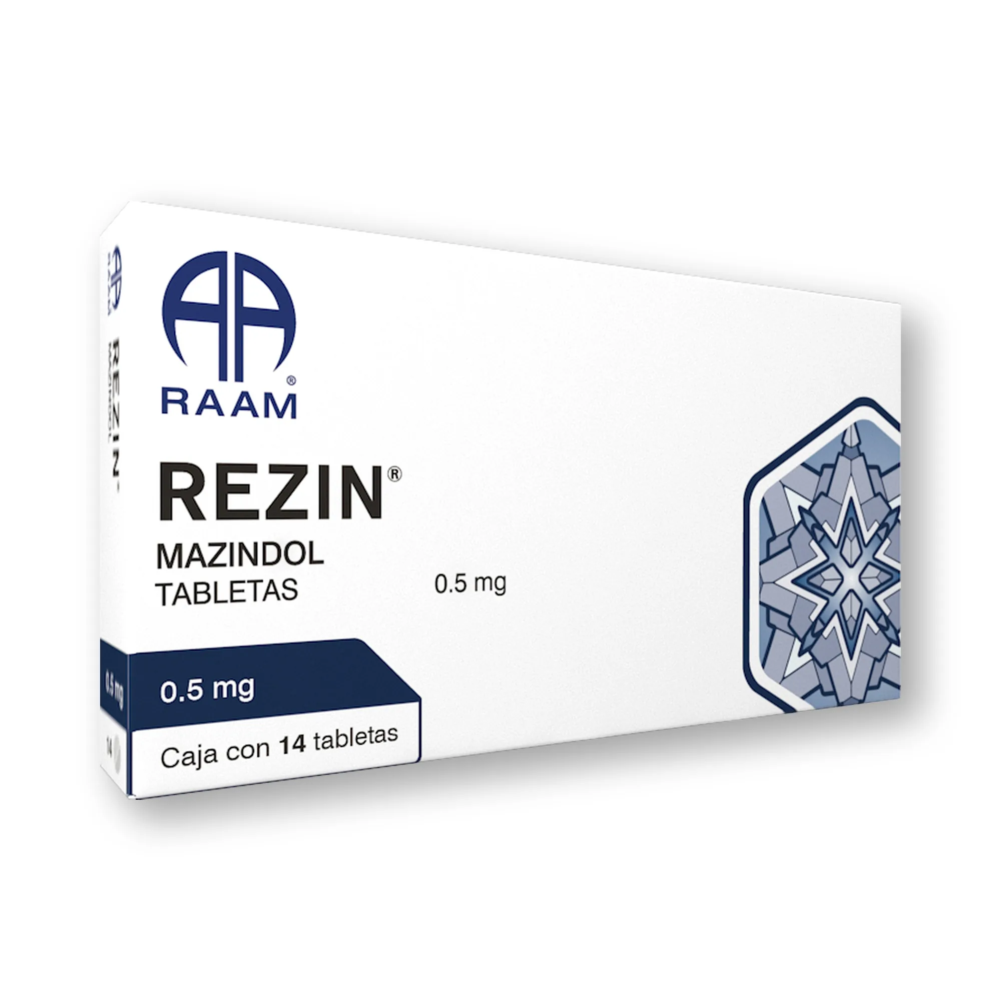 Mazindol 0.5 mg 14 Tabletas REZIN | Vista frontal de la caja Frente de la caja de Mazindol 0.5 mg 14 Tabletas REZIN