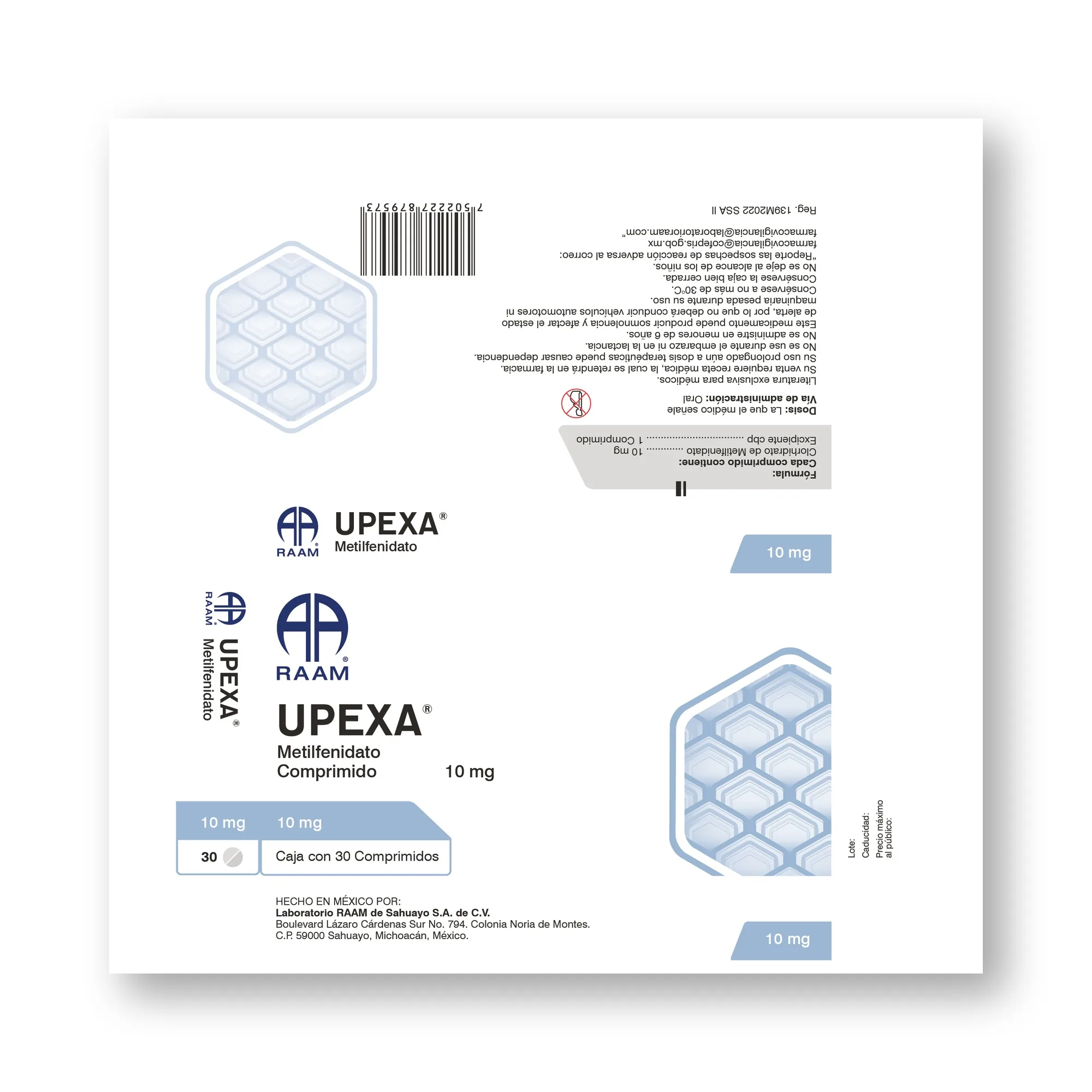 Frente de la caja de Metilfenidato 10 Mg Comprimidos UPEXA