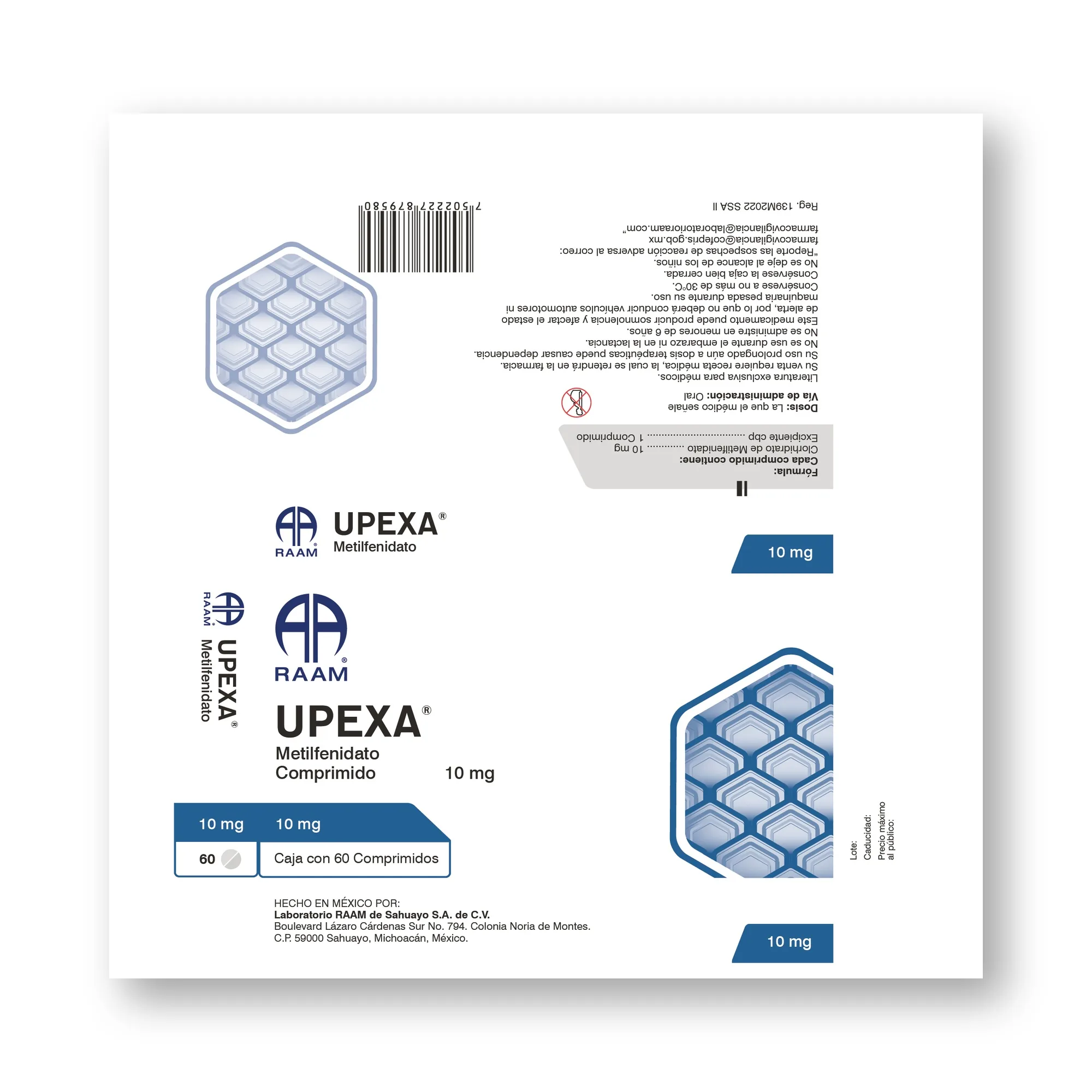 Posterior de la caja de Metilfenidato 10 Mg Comprimidos UPEXA