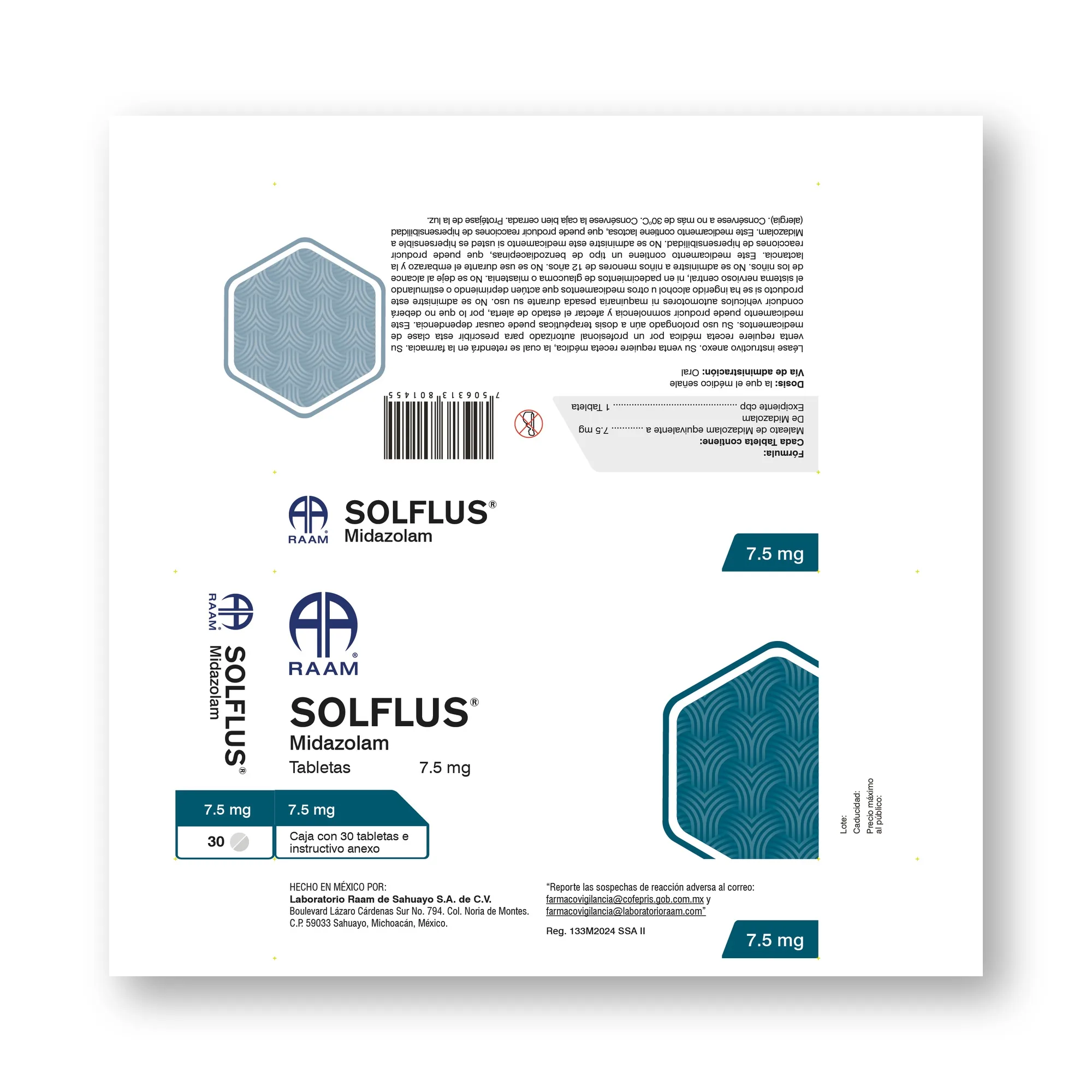 Frente de la caja de Midazolam 7.5 mg 30 Tabletas SOLFLUS
