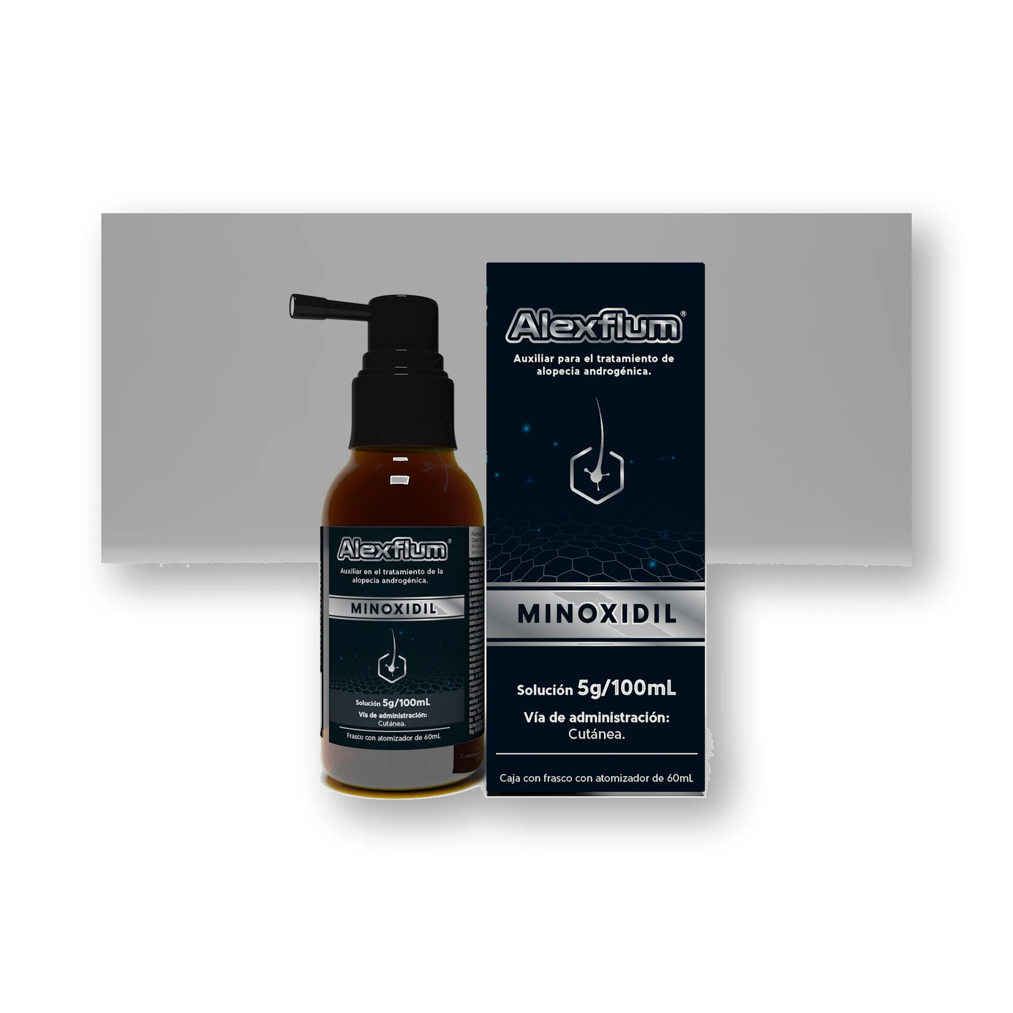 Frente de la caja de Minoxidil 5/100 Mg Frasco ALEXFLUM