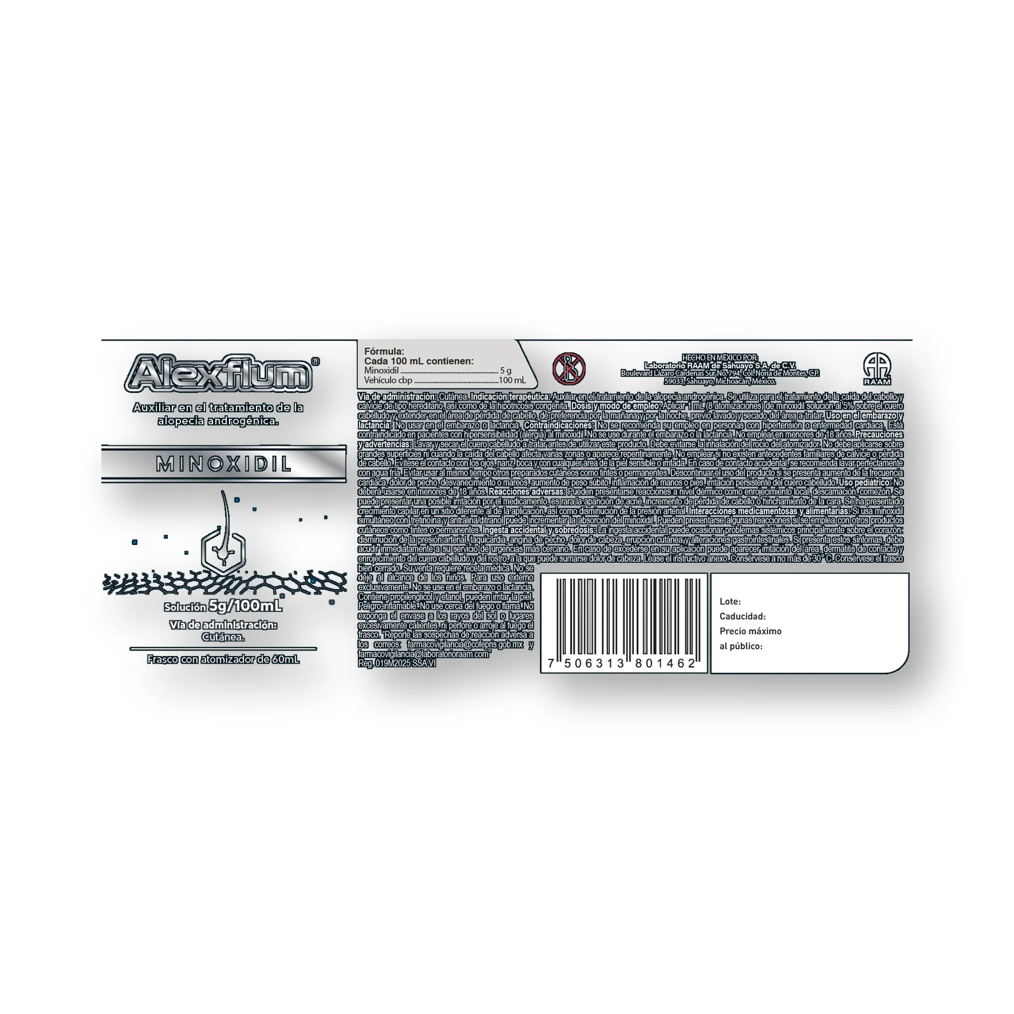Lado lateral de la caja de Minoxidil 5/100 Mg Frasco ALEXFLUM