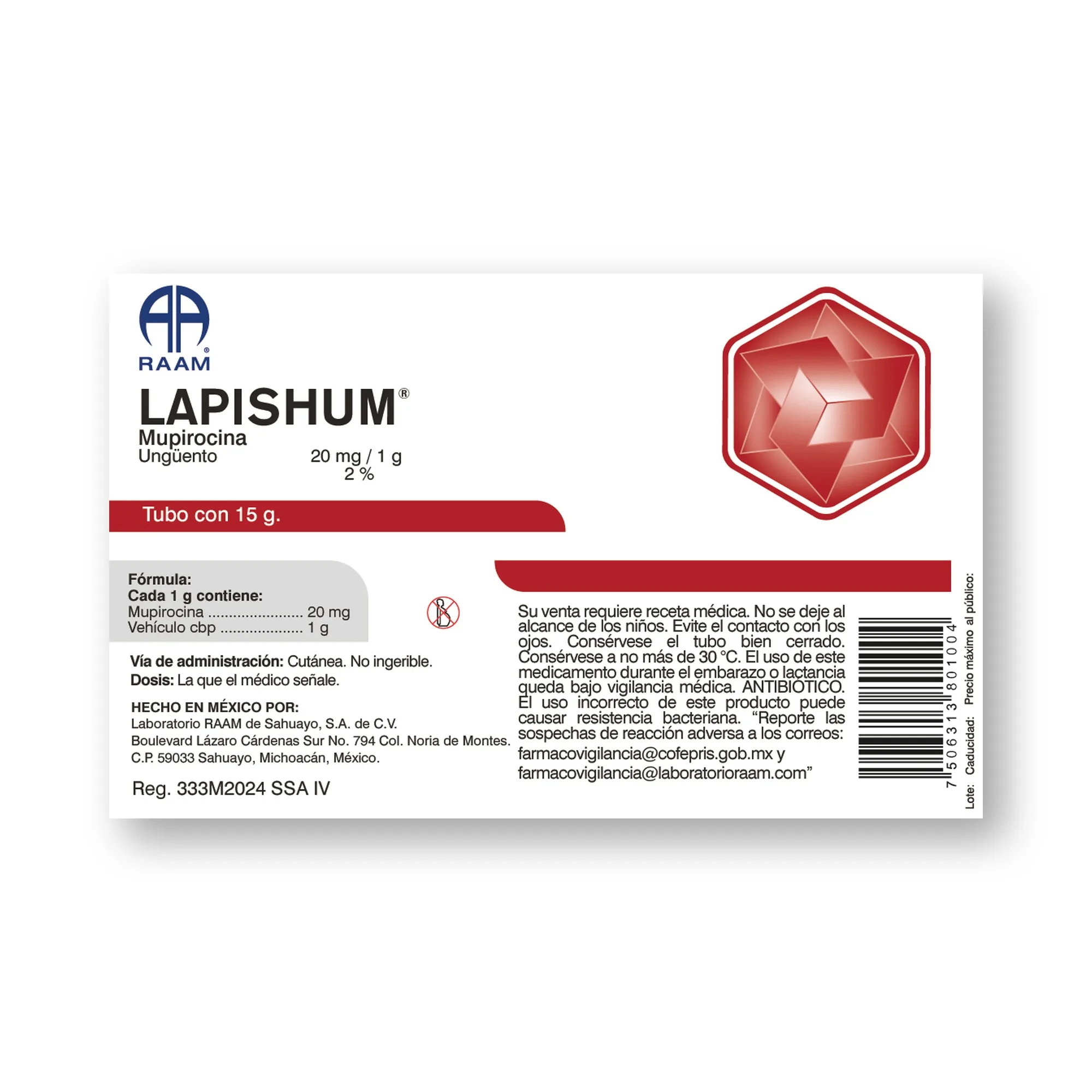 Lado lateral de la caja de Mupirocina 20 mg LAPISHUM