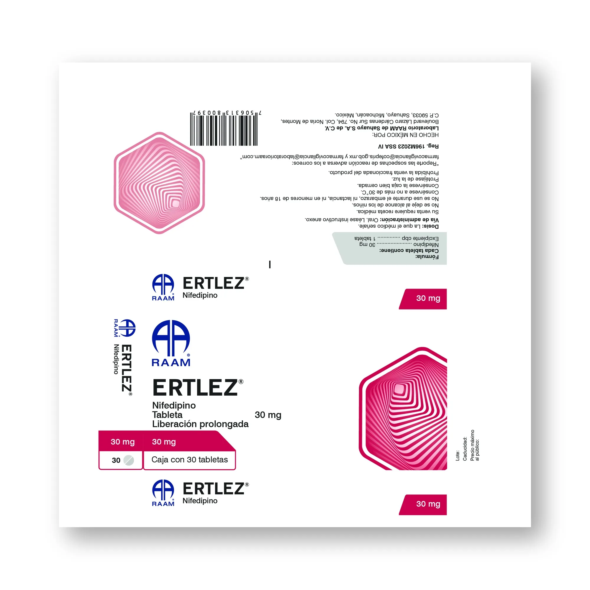 Nifedipino 30 mg 30 Tabletas ERTLEZ | Vista frontal de la caja Frente de la caja de Nifedipino 30 mg 30 Tabletas ERTLEZ