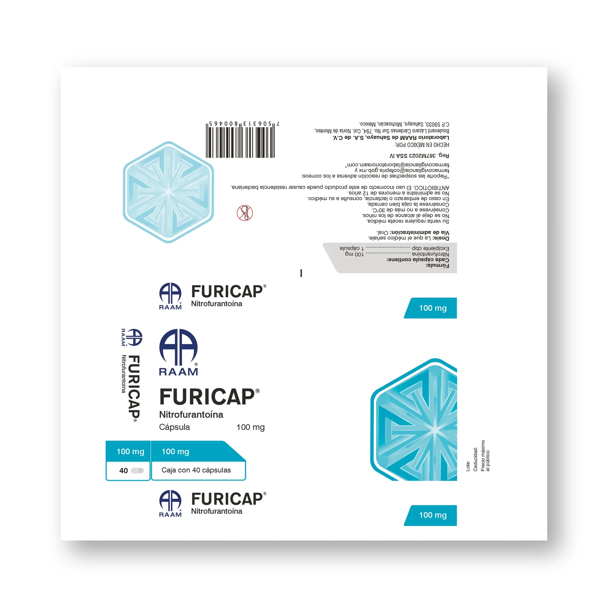 Frente de la caja de Nitrofurantoina 100 mg 40 Cápsulas FURICAP