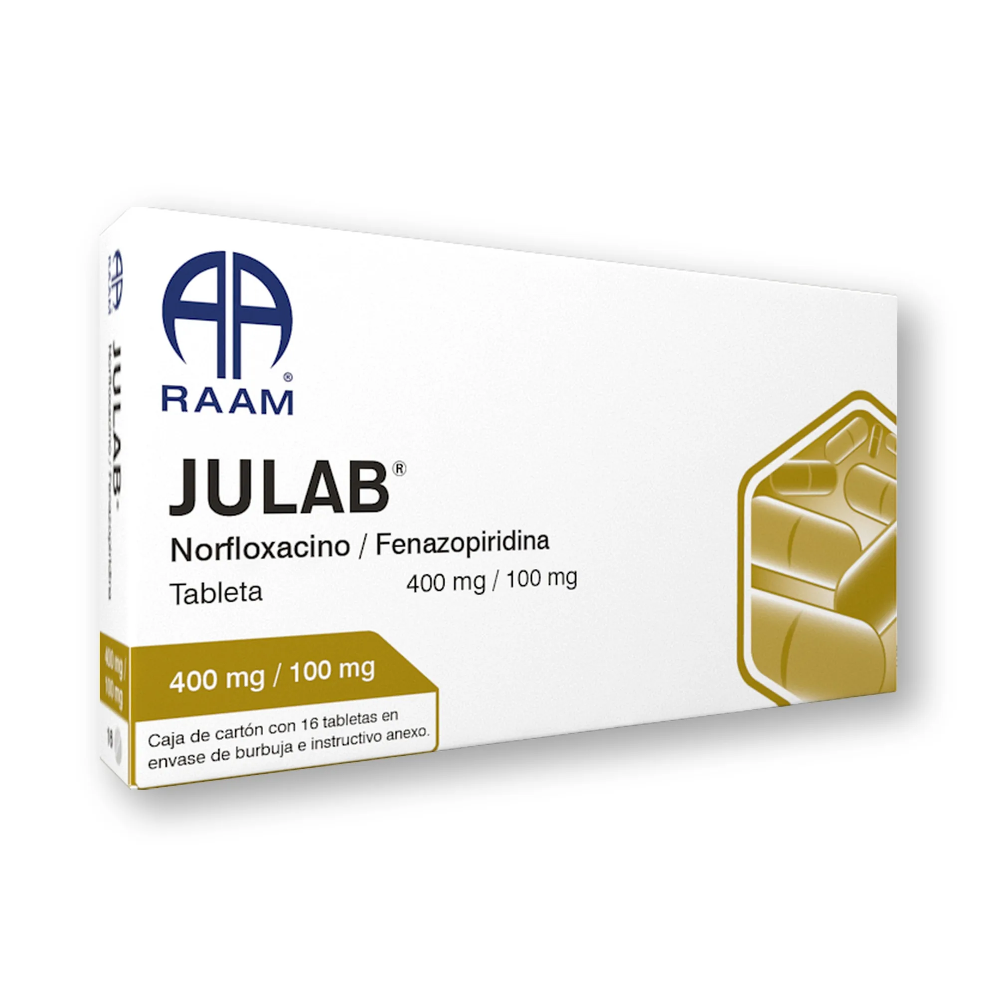 Norfloxacino - Fenazopiridina 100 mg 16 Tabletas JULAB | Vista frontal de la caja Frente de la caja de Norfloxacino - Fenazopiridina 100 mg 16 Tabletas JULAB