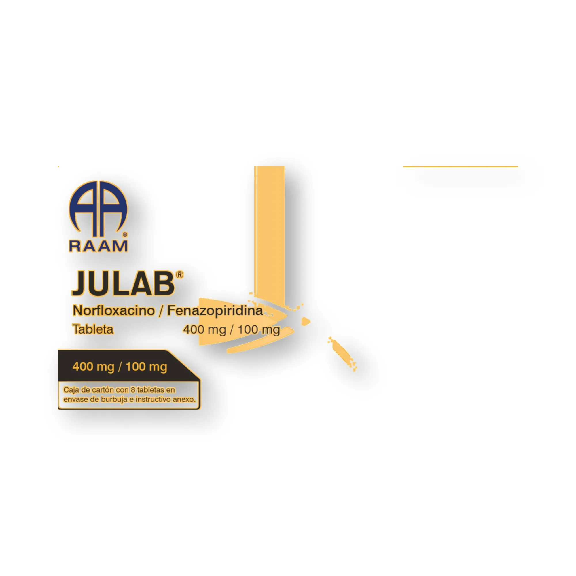 Norfloxacino - Fenazopiridina 100 mg 16 Tabletas JULAB | Vista posterior de la caja Posterior de la caja de Norfloxacino - Fenazopiridina 100 mg 16 Tabletas JULAB