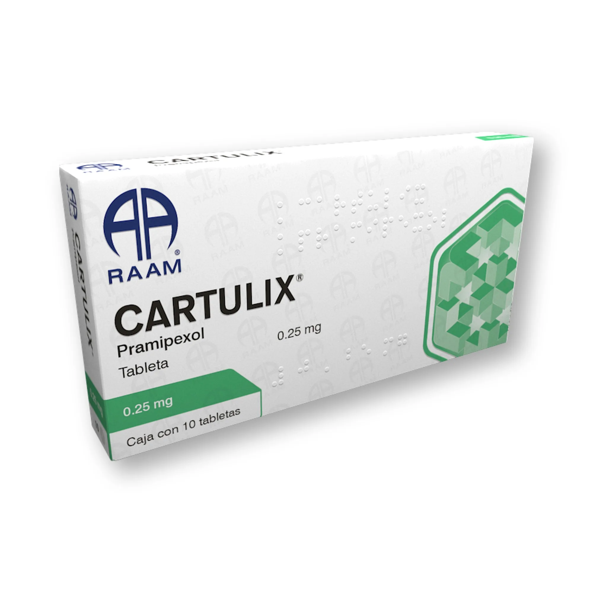 Frente de la caja de Pramipexol 0.25 mg 10 Tabletas CARTULIX