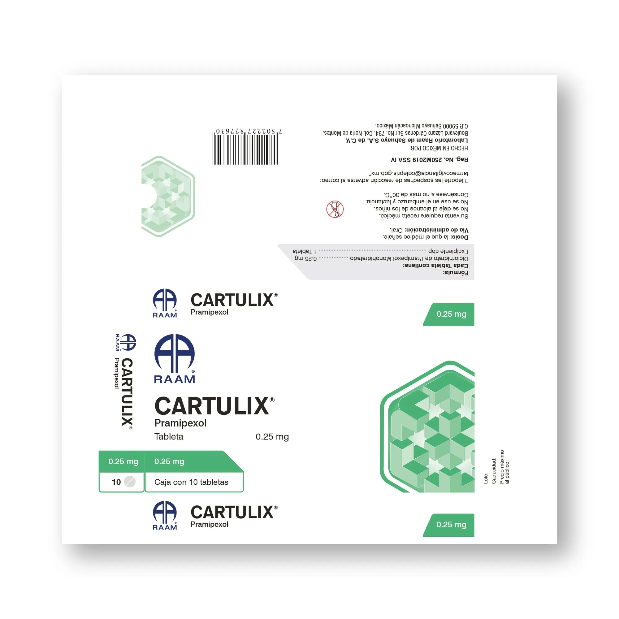 Vista general de Pramipexol 0.25 mg 10 Tabletas CARTULIX Laboratorio RAAM