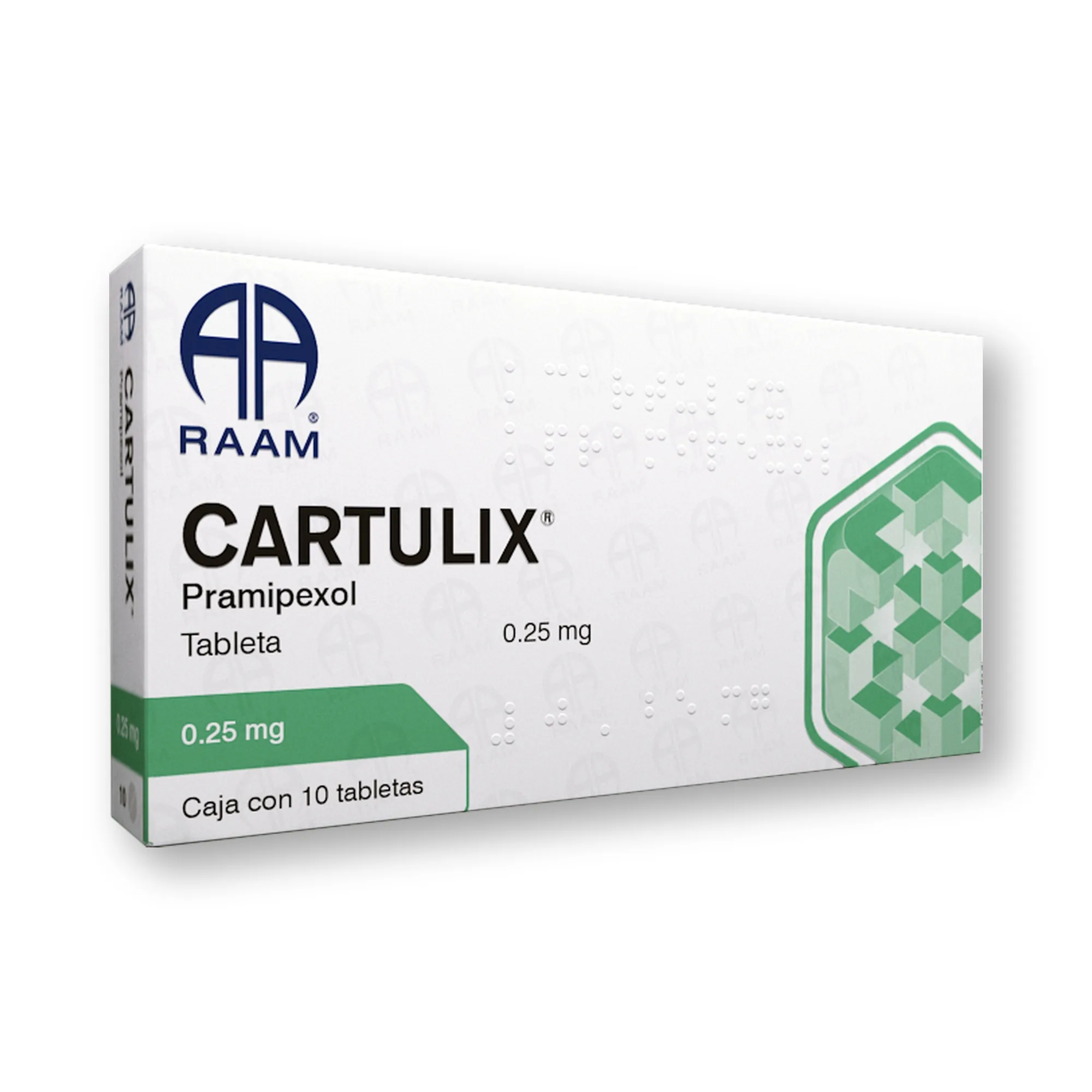 Lado lateral de la caja de Pramipexol 0.25 mg 10 Tabletas CARTULIX